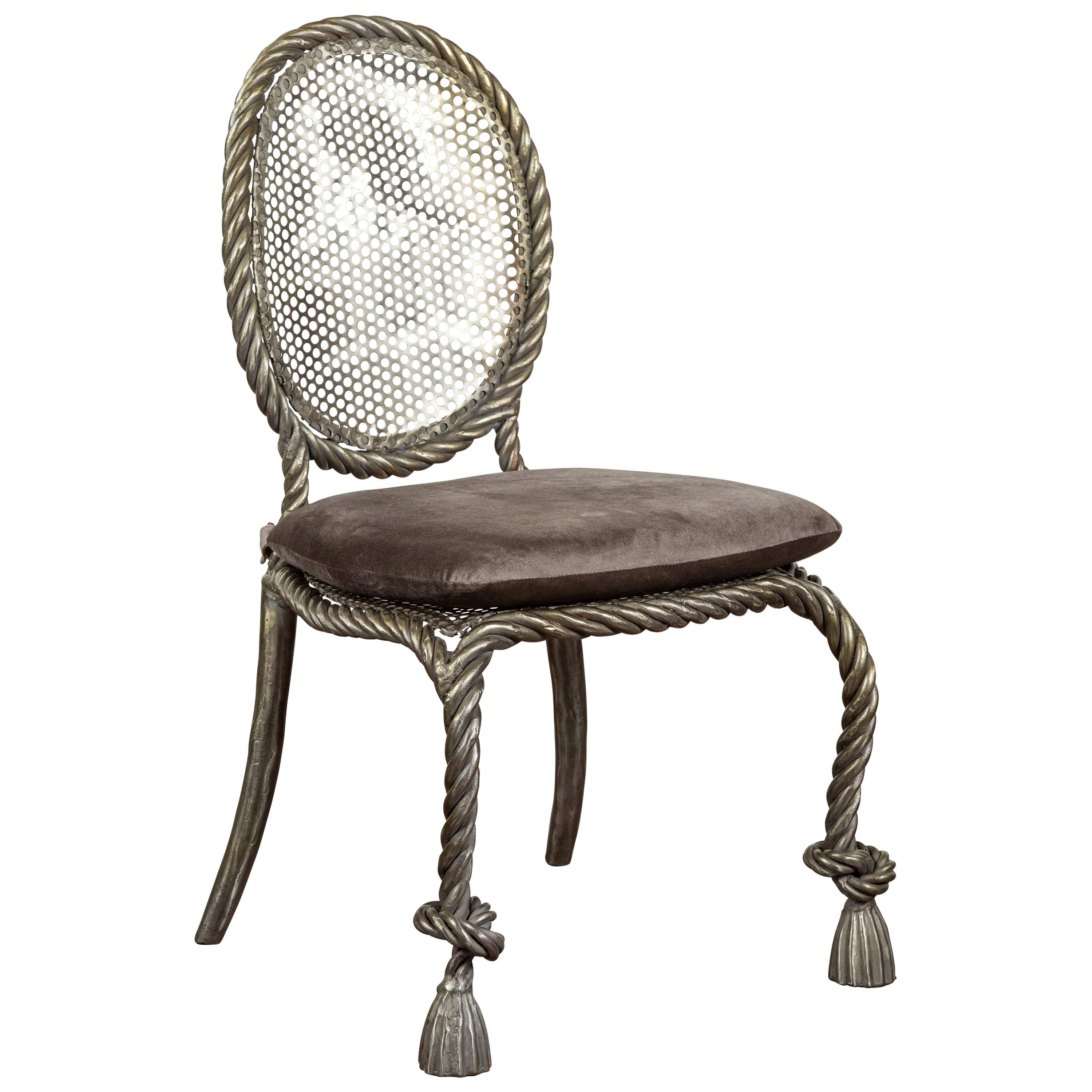 Italienischer Sessel ohne Armlehne aus poliertem Stahl und Seil mit Samtkissen aus der Mitte des Jahrhunderts