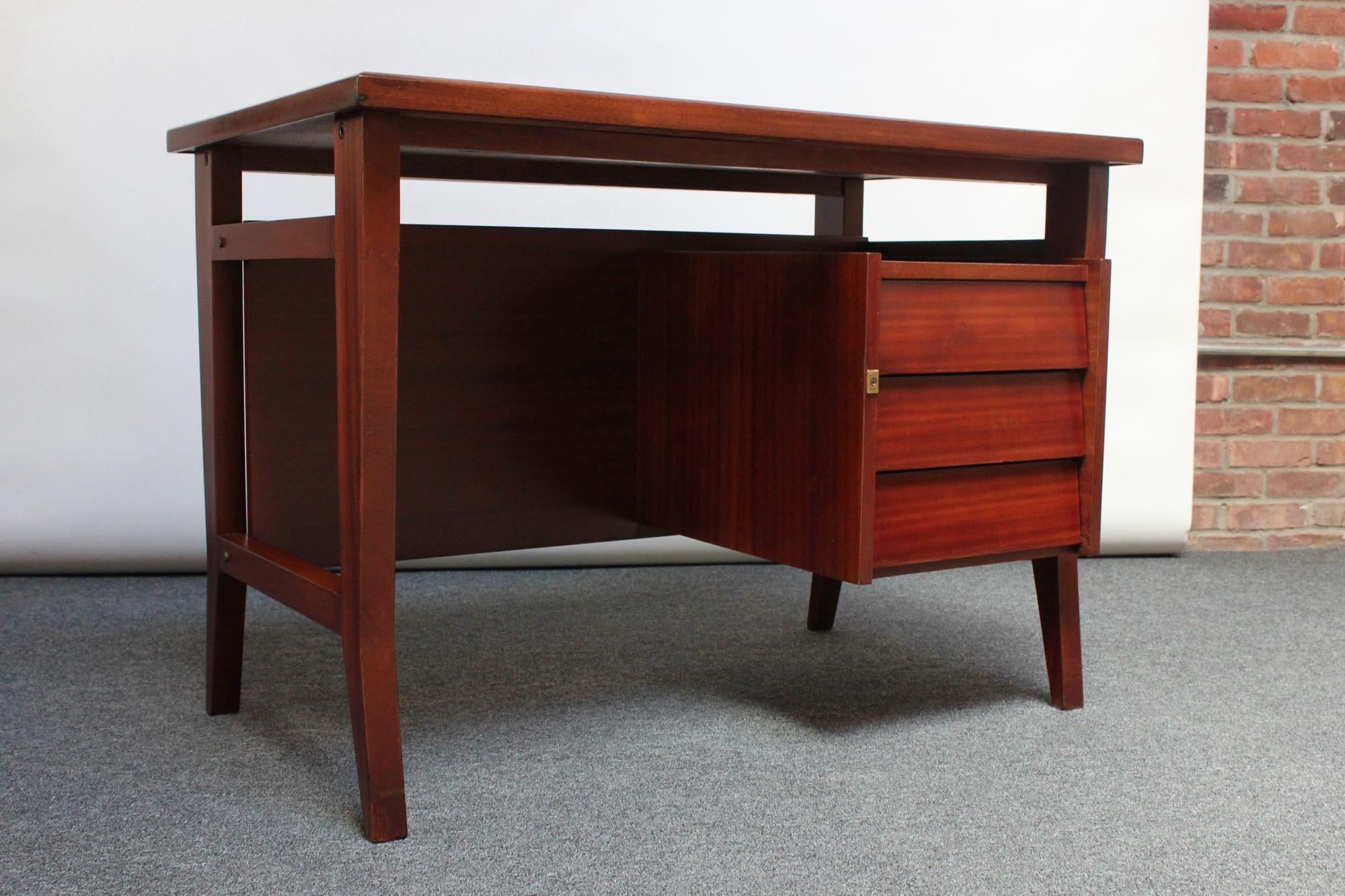 Brass Petite Italian Modern Stained Mahogany Writing Desk by Gio Ponti for Schirolli