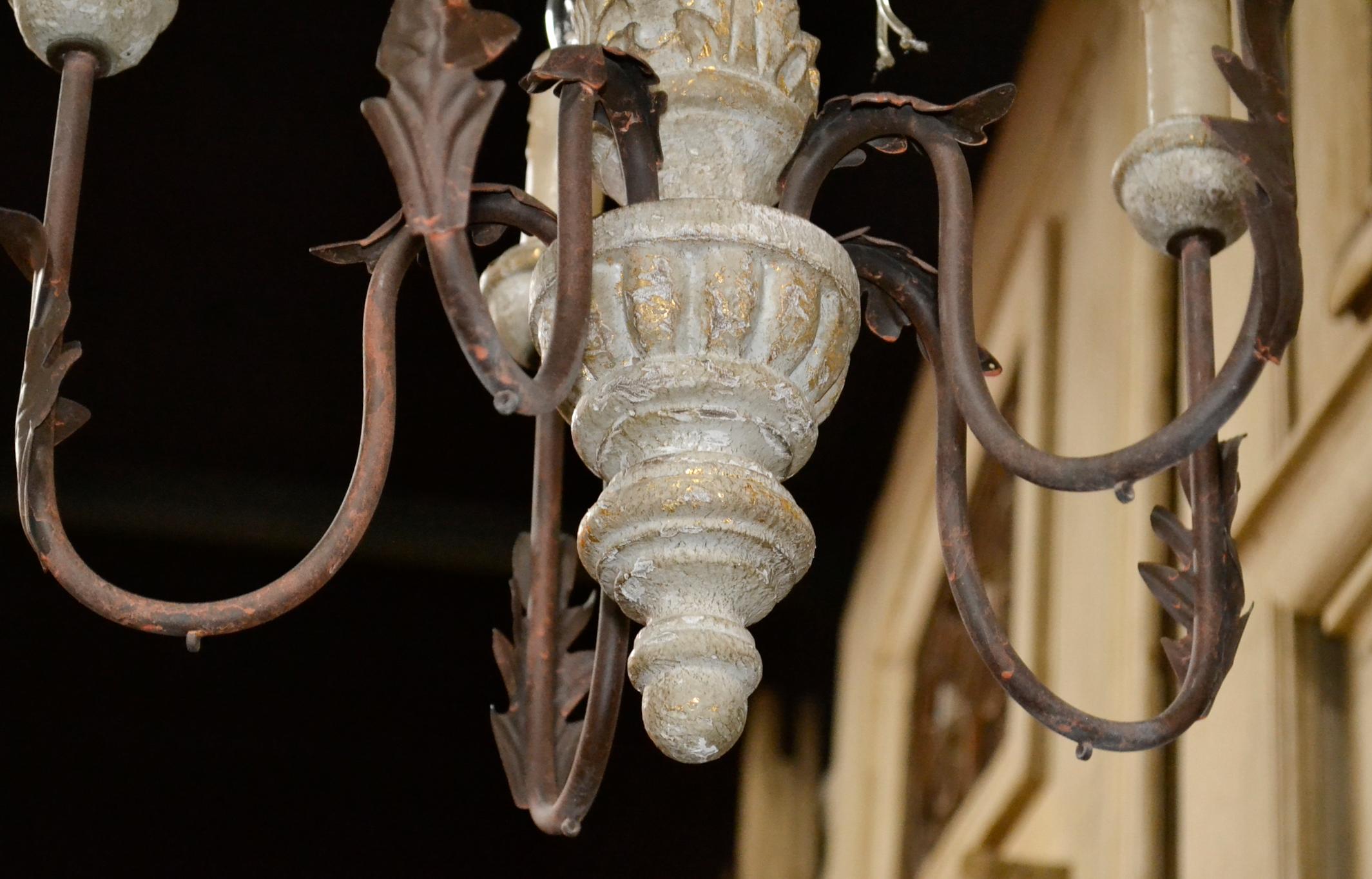 Charming petite Italian style carved and painted wood 5-light chandelier.