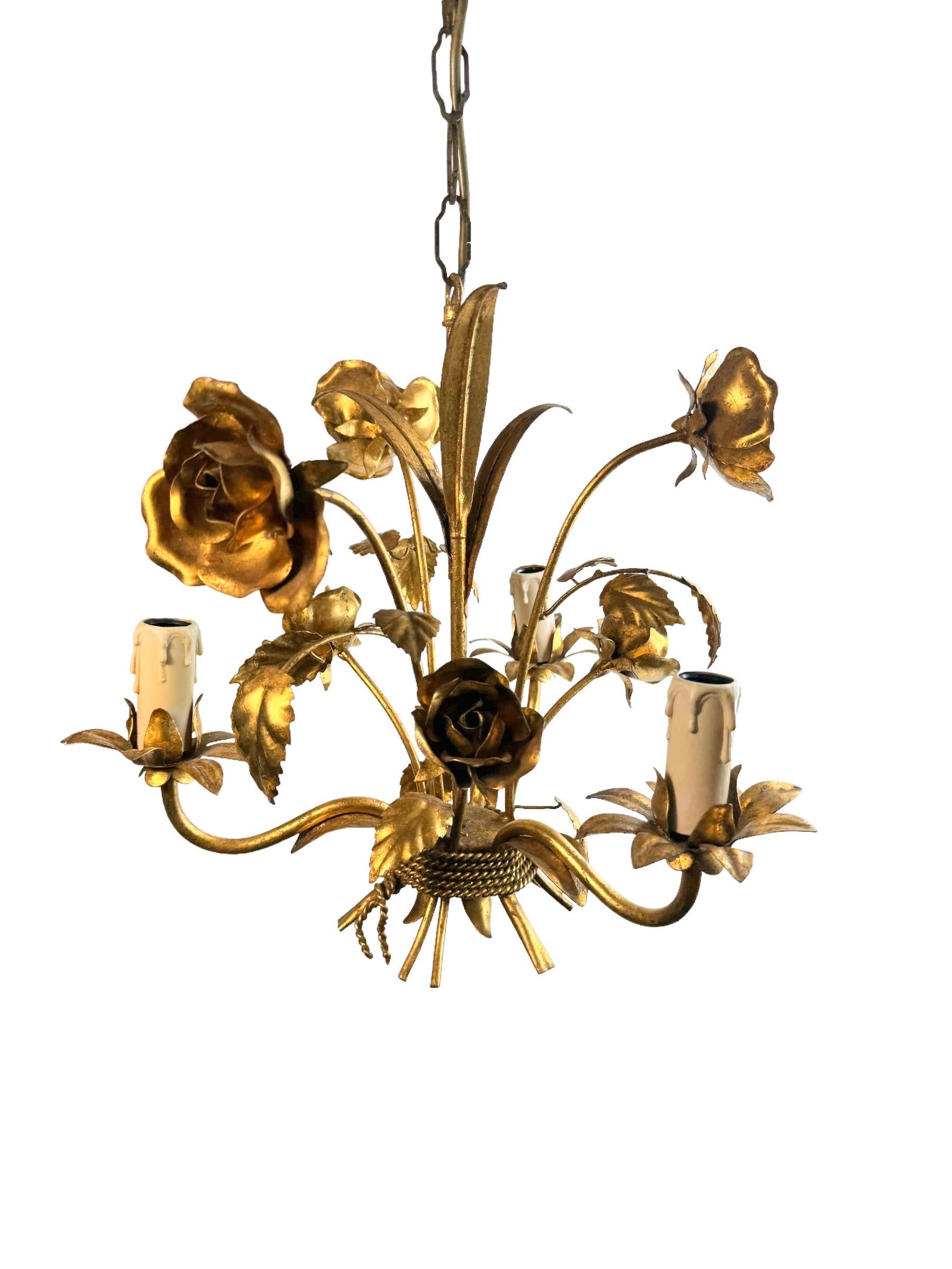 Petite Italian Roses Three-Light Tole Chandelier Gilded Metal, European, 1960s 4