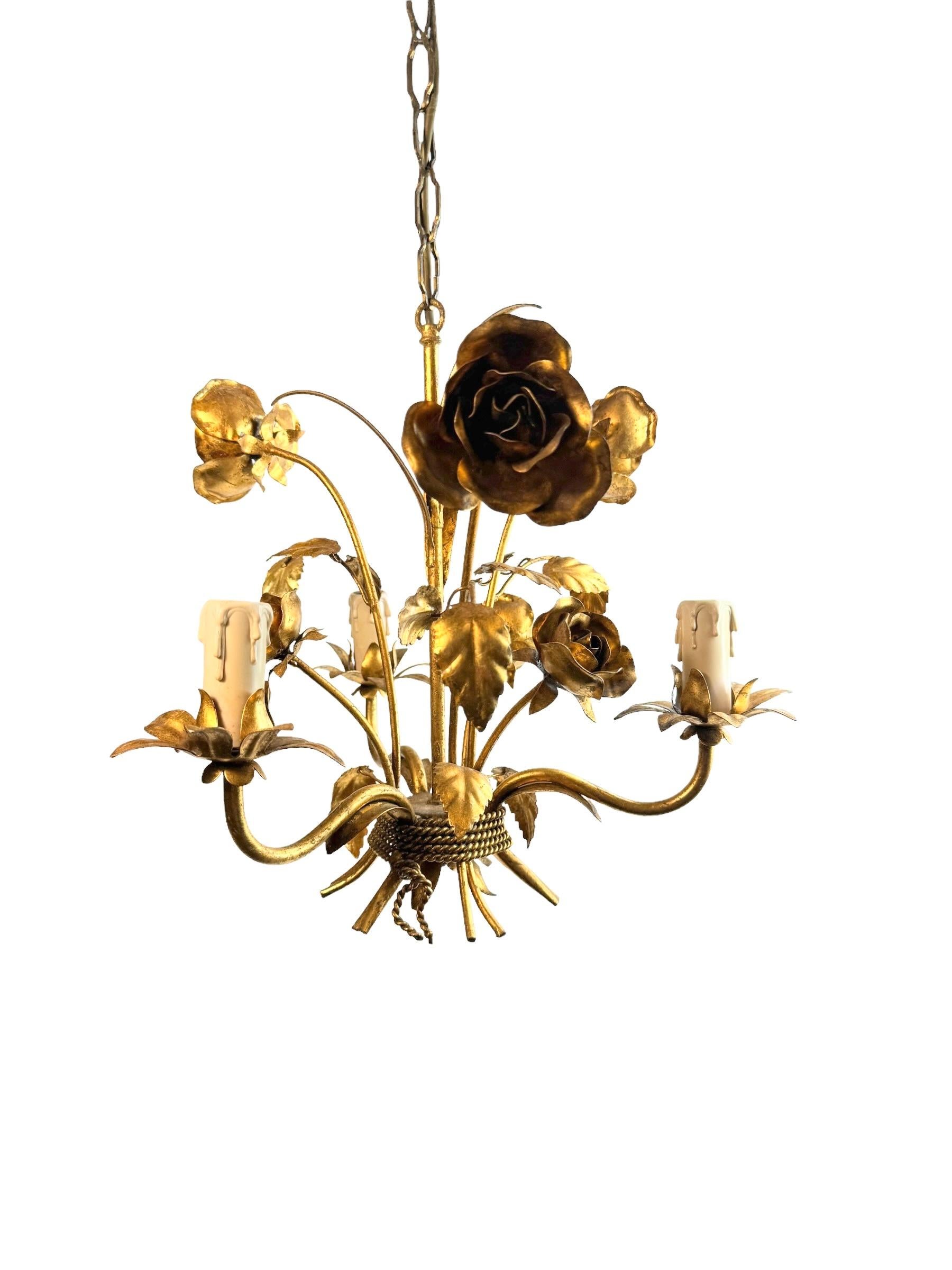 Petite Italian Roses Three-Light Tole Chandelier Gilded Metal, European, 1960s 5