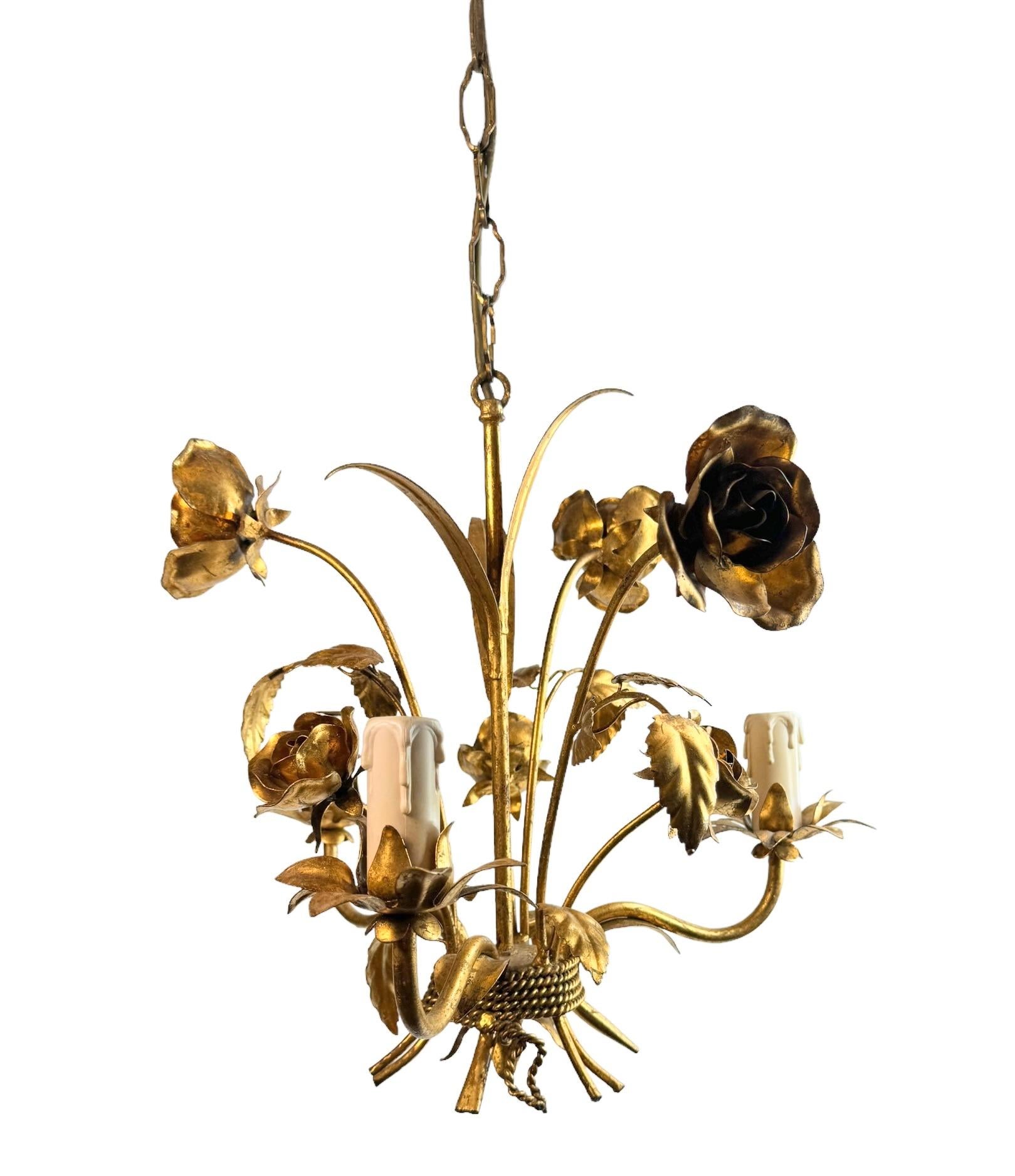 Petite Italian Roses Three-Light Tole Chandelier Gilded Metal, European, 1960s 6
