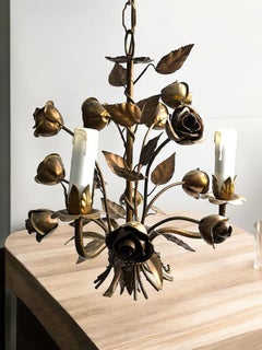 Petite Italian Roses Three-Light Tole Chandelier Gilded Metal, European, 1960s