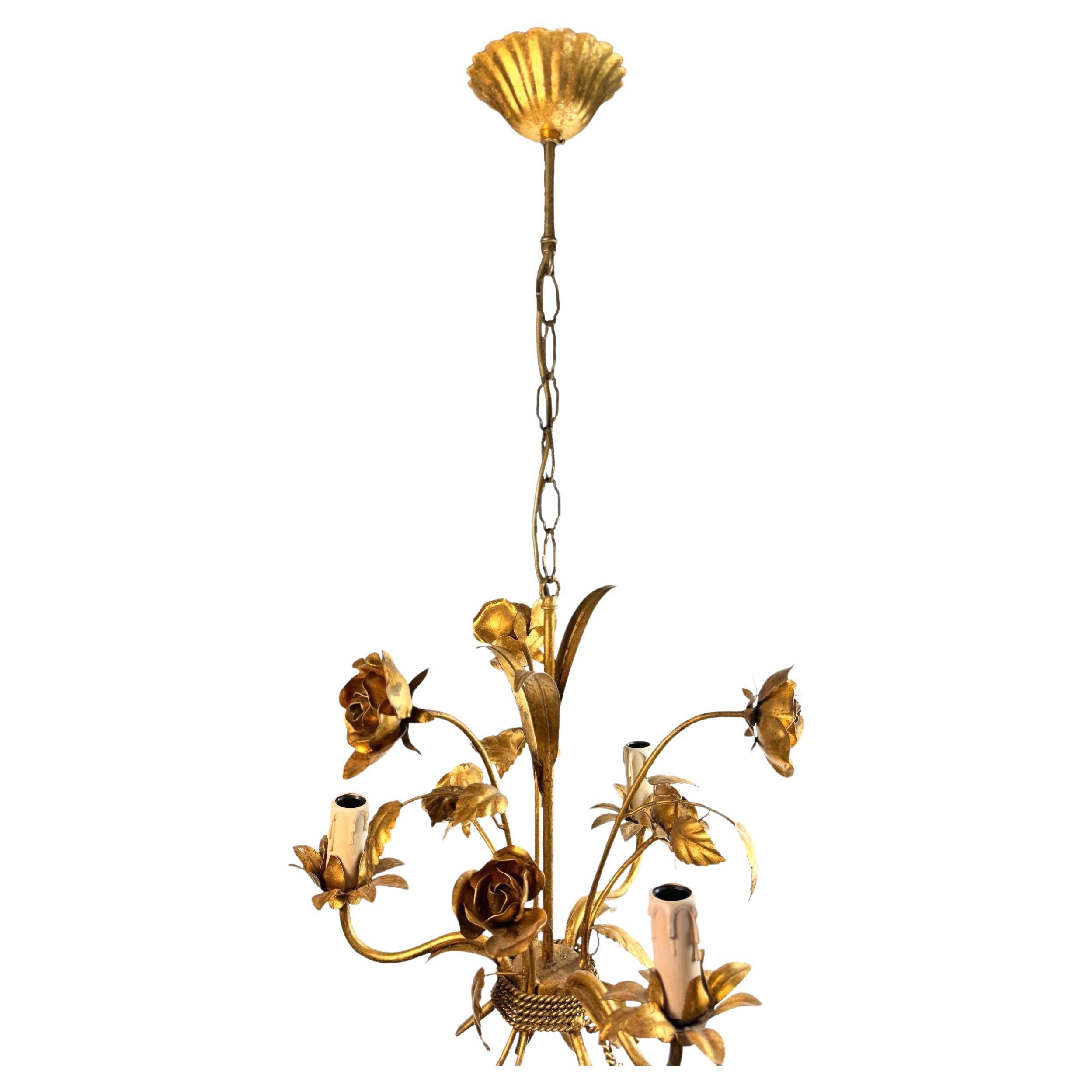 Hollywood Regency Petite Italian Roses Three-Light Tole Chandelier Gilded Metal, European, 1960s