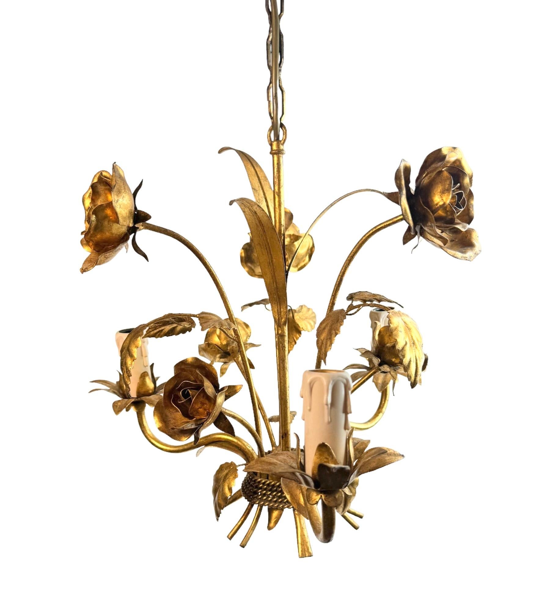 Gilt Petite Italian Roses Three-Light Tole Chandelier Gilded Metal, European, 1960s