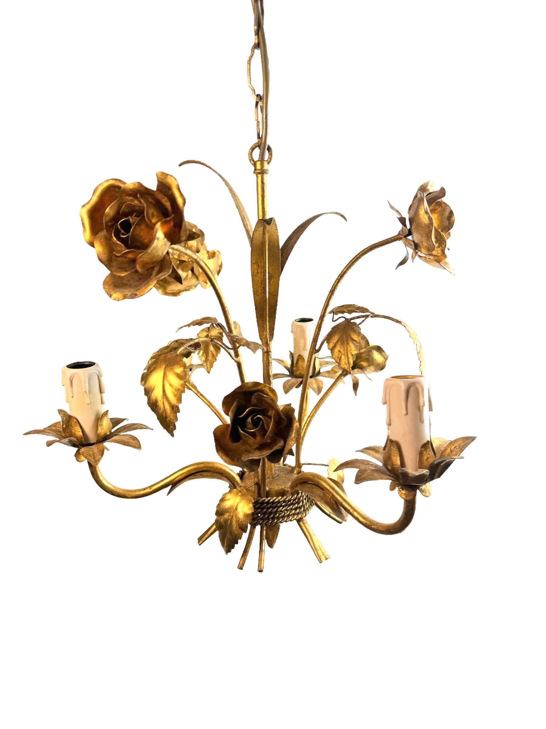 Petite Italian Roses Three-Light Tole Chandelier Gilded Metal, European, 1960s In Good Condition In Nuernberg, DE