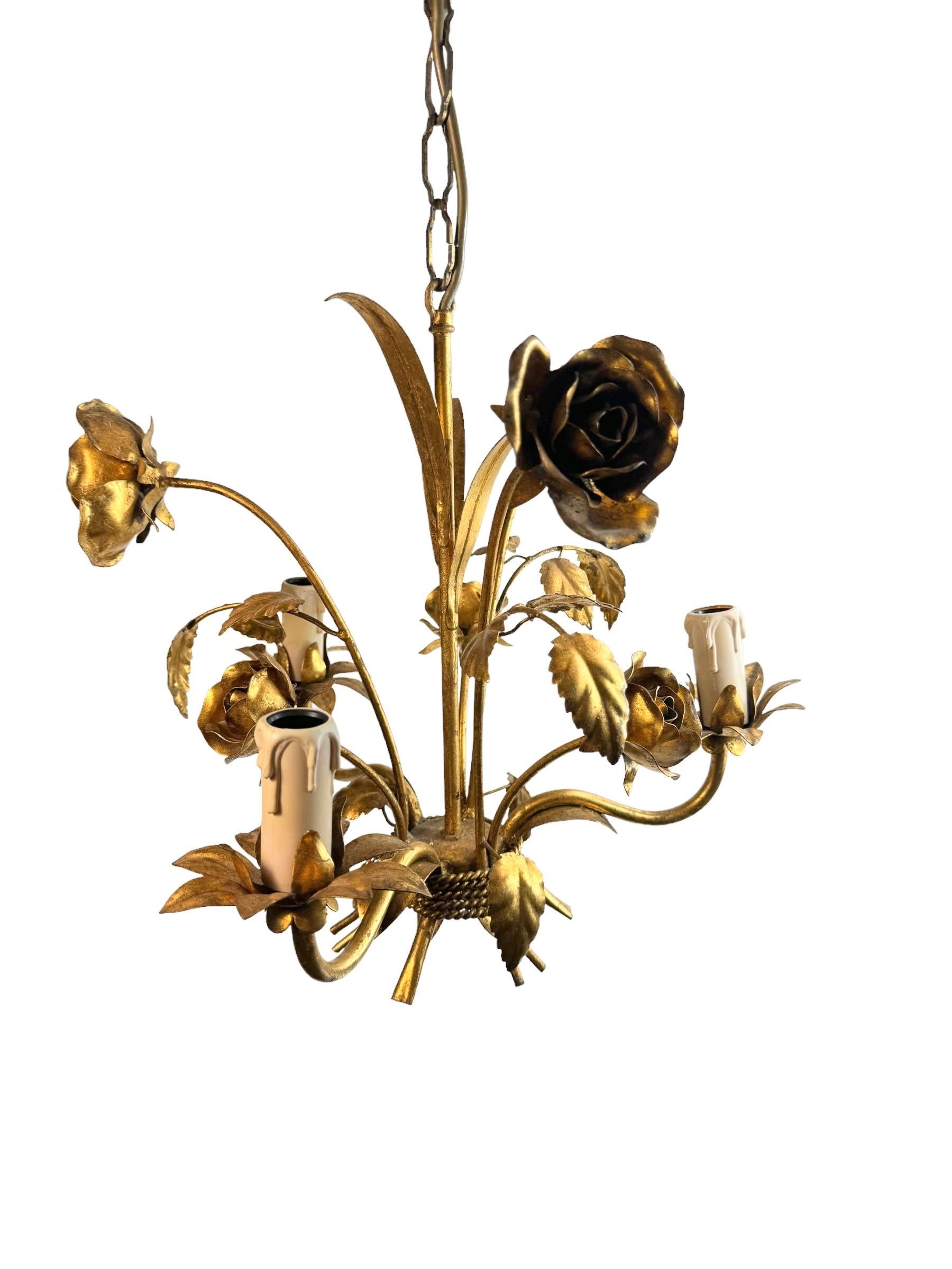 Petite Italian Roses Three-Light Tole Chandelier Gilded Metal, European, 1960s 1