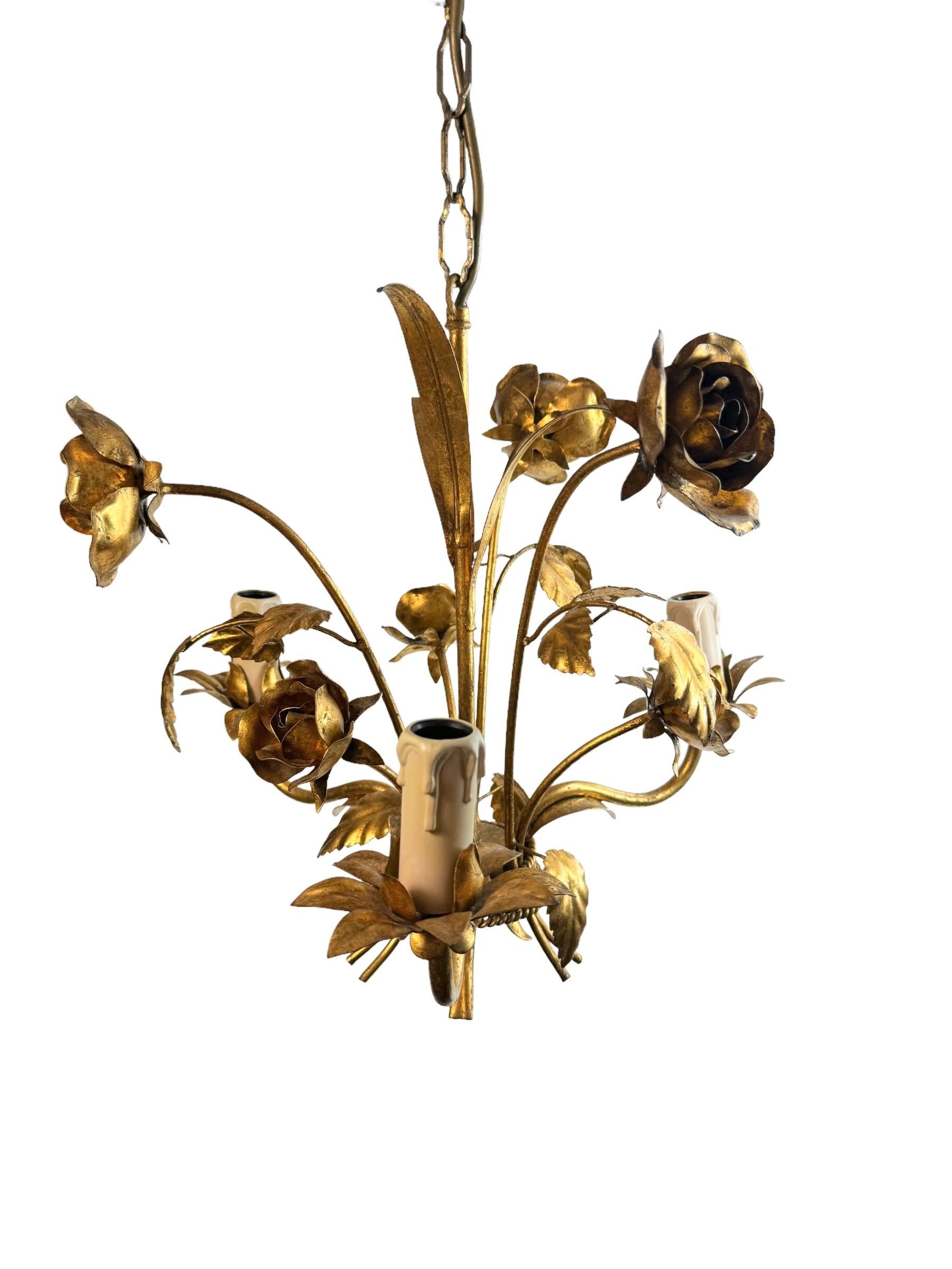 Petite Italian Roses Three-Light Tole Chandelier Gilded Metal, European, 1960s 2