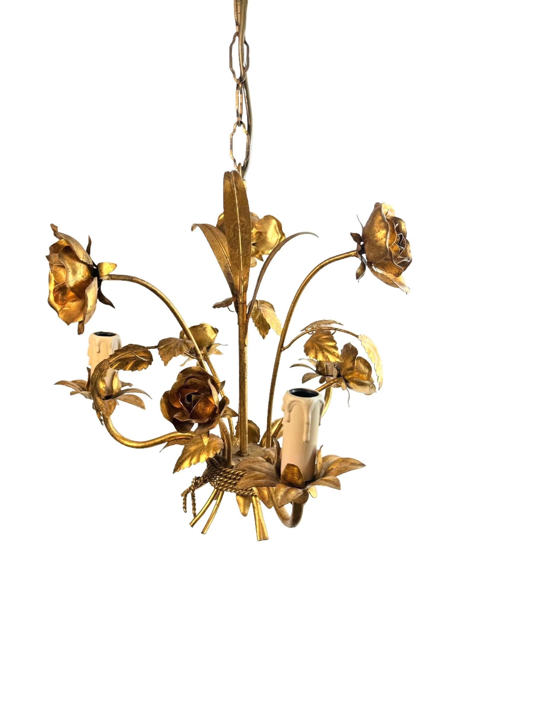 Petite Italian Roses Three-Light Tole Chandelier Gilded Metal, European, 1960s 3