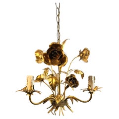 Petite Italian Roses Three-Light Tole Chandelier Gilded Metal, European, 1960s