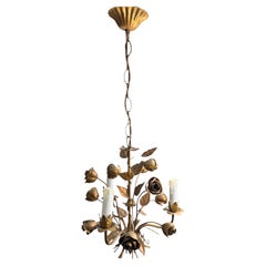 Petite Italian Roses Three-Light Tole Chandelier Gilded Metal, European, 1960s