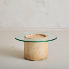 Petite Italian Round Travertine Accent Table with Glass Top, 1960s