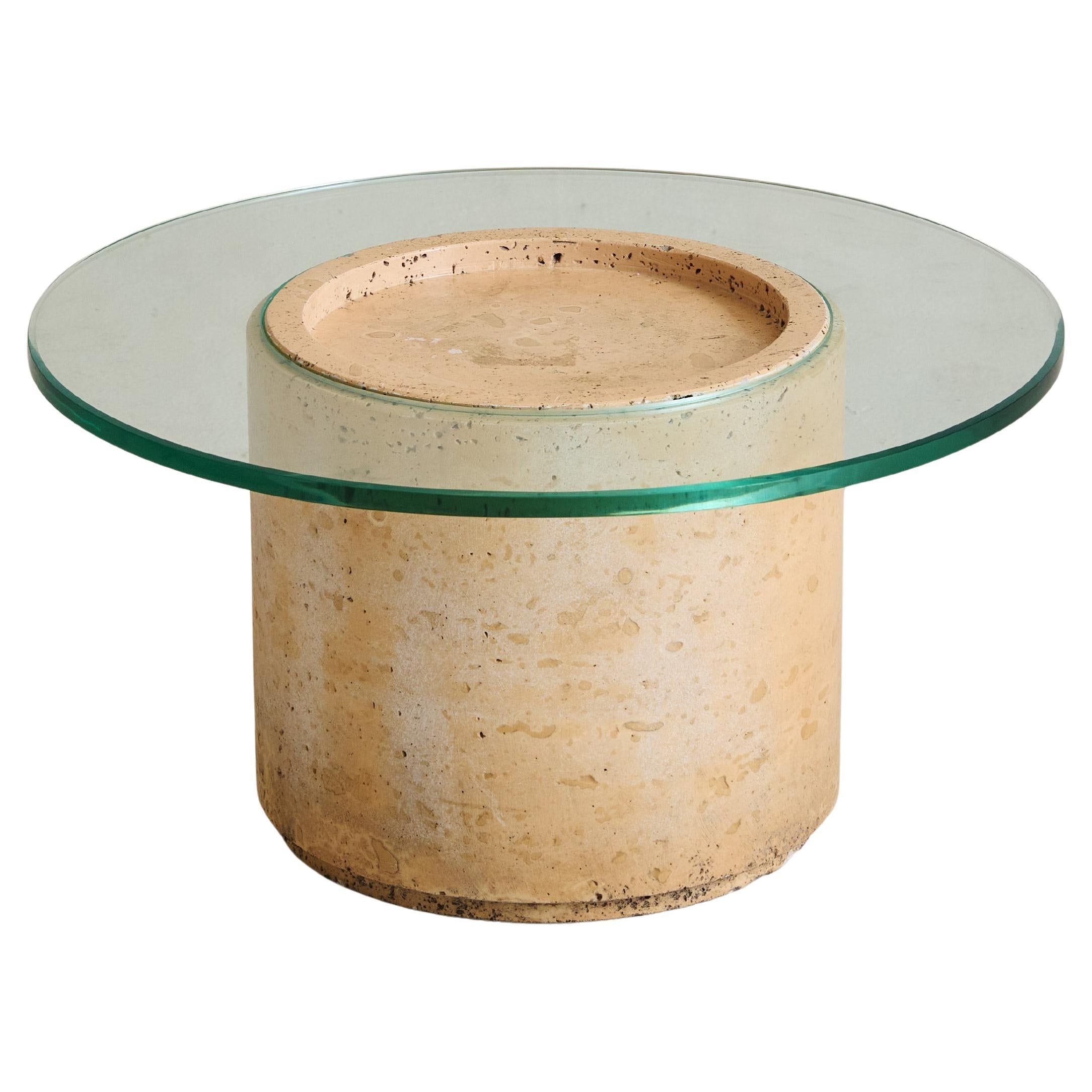 Petite Italian Round Travertine Accent Table with Glass Top, 1960s