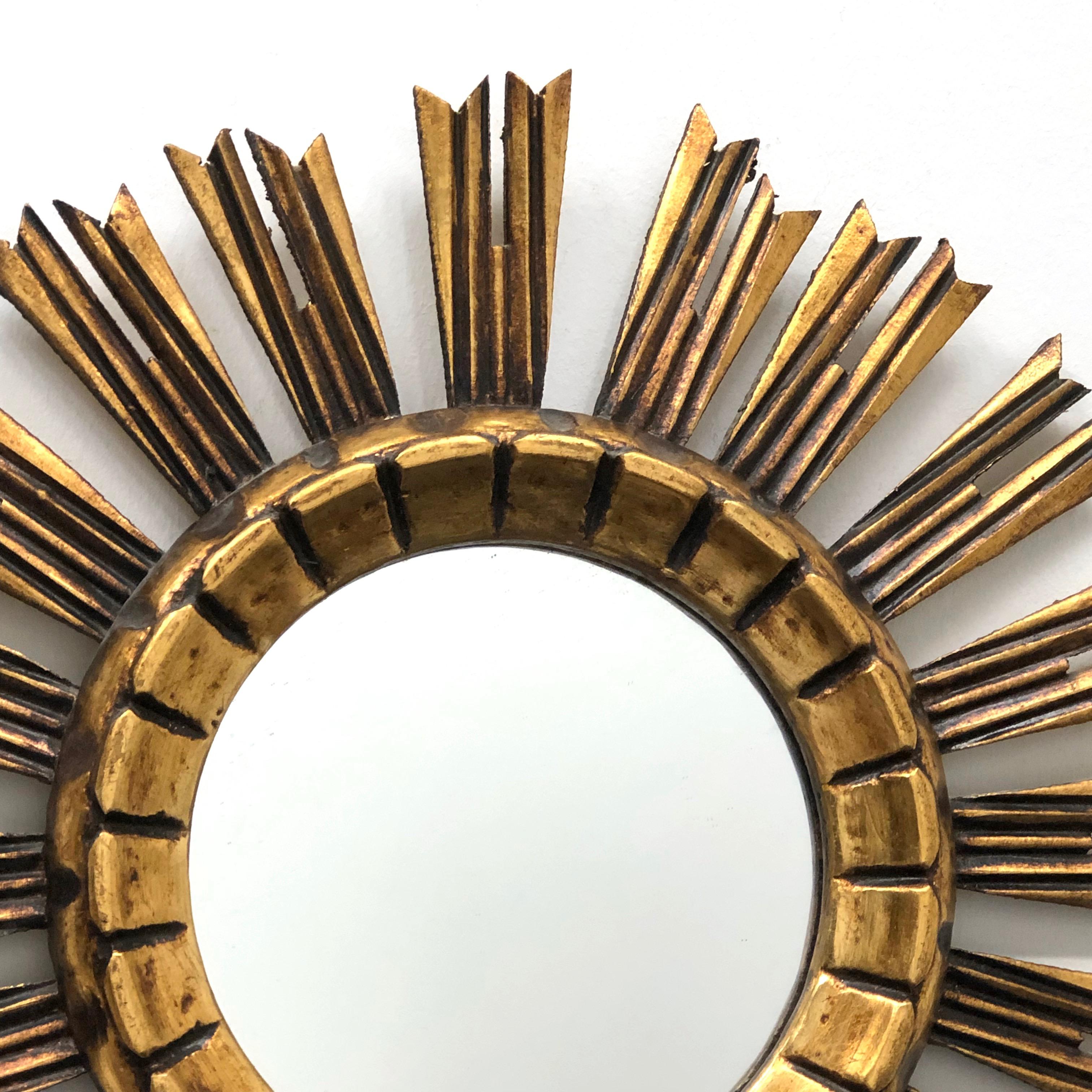 Hollywood Regency Petite Italian Starburst Sunburst Gilded Wood Mirror, circa 1950s