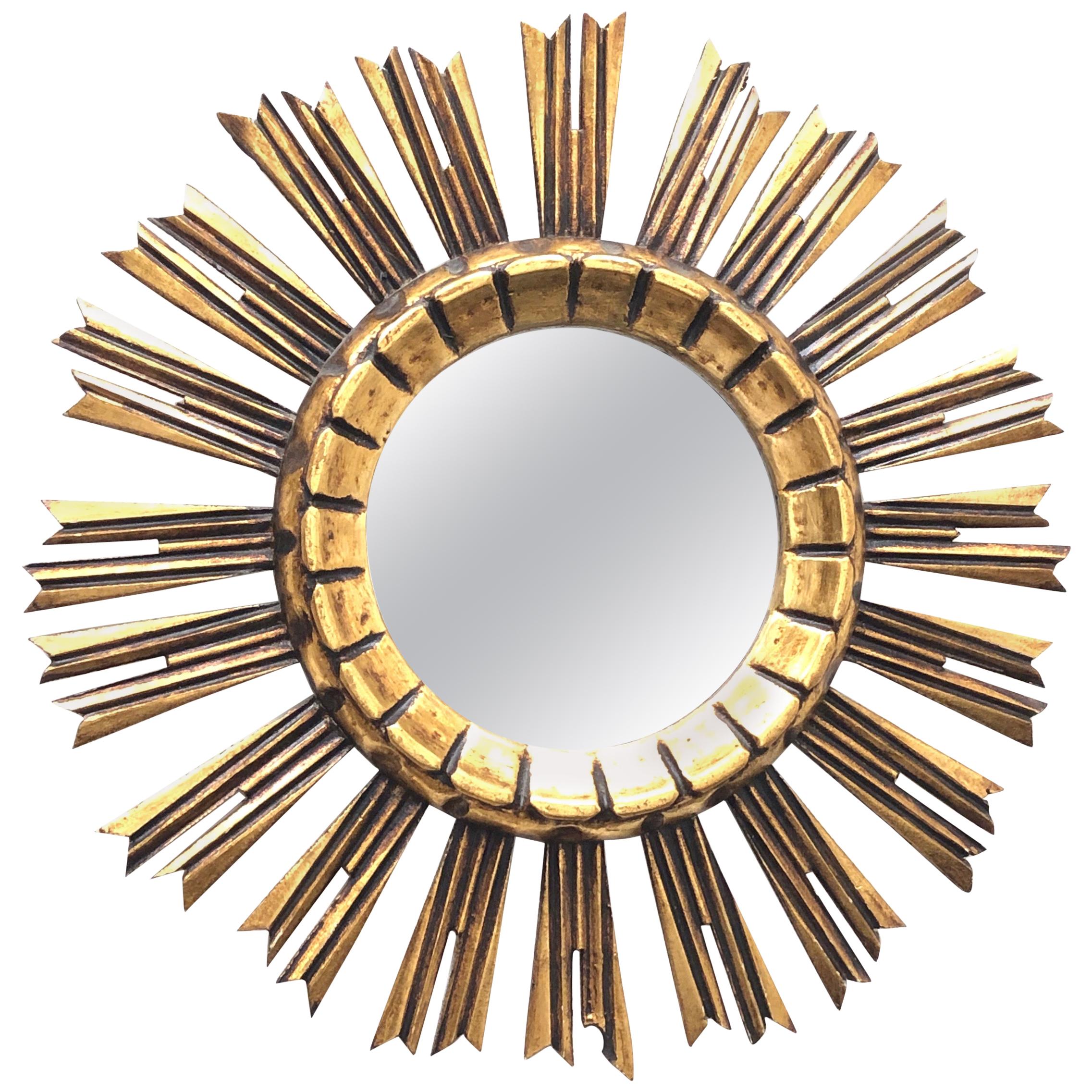 Petite Italian Starburst Sunburst Gilded Wood Mirror, circa 1950s