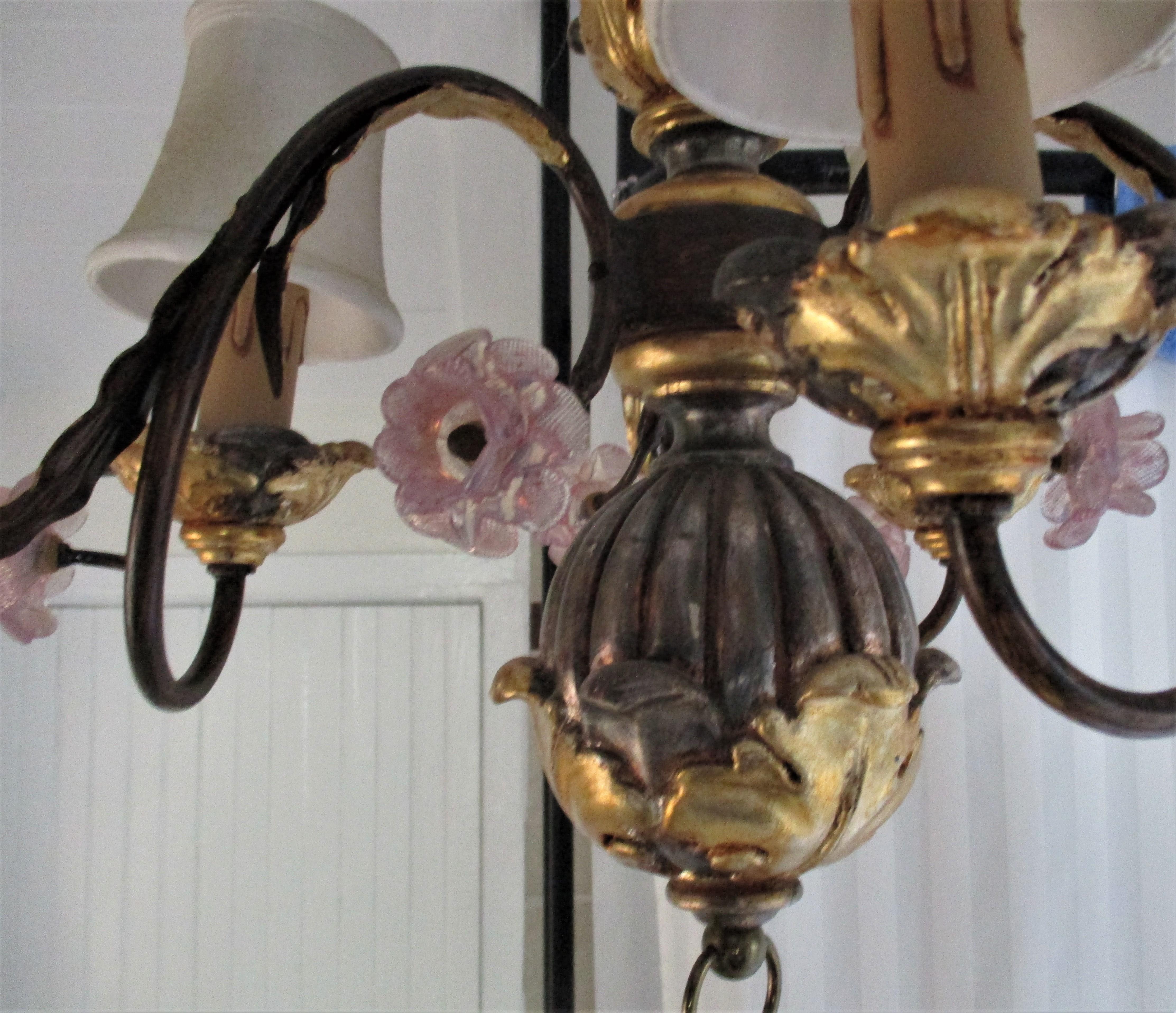 Petite Italian Tole Painted Chandelier with Pink Murano Flowers In Good Condition In Oregon, OR