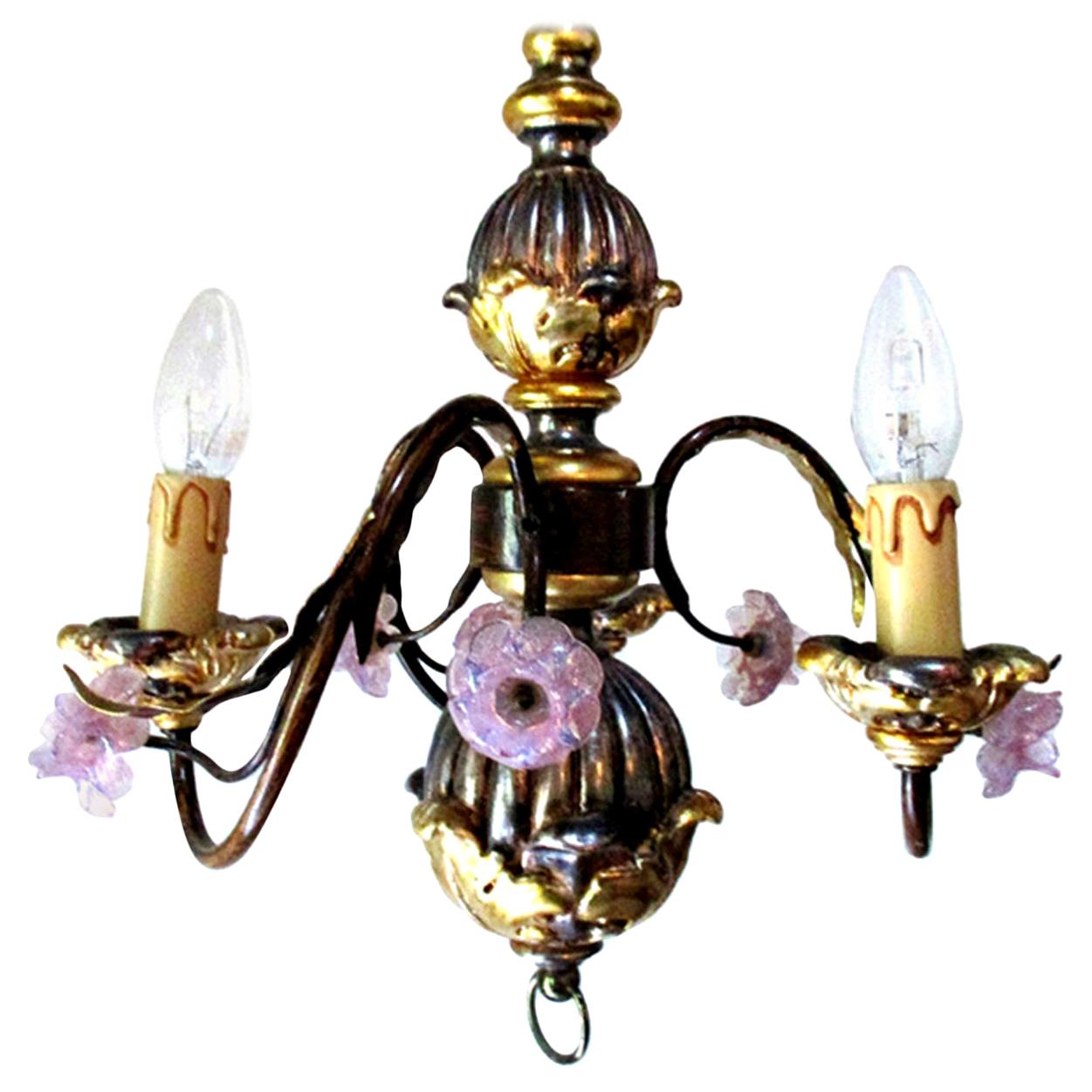 Petite Italian Tole Painted Chandelier with Pink Murano Flowers