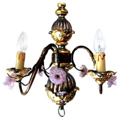 Vintage Petite Italian Tole Painted Chandelier with Pink Murano Flowers