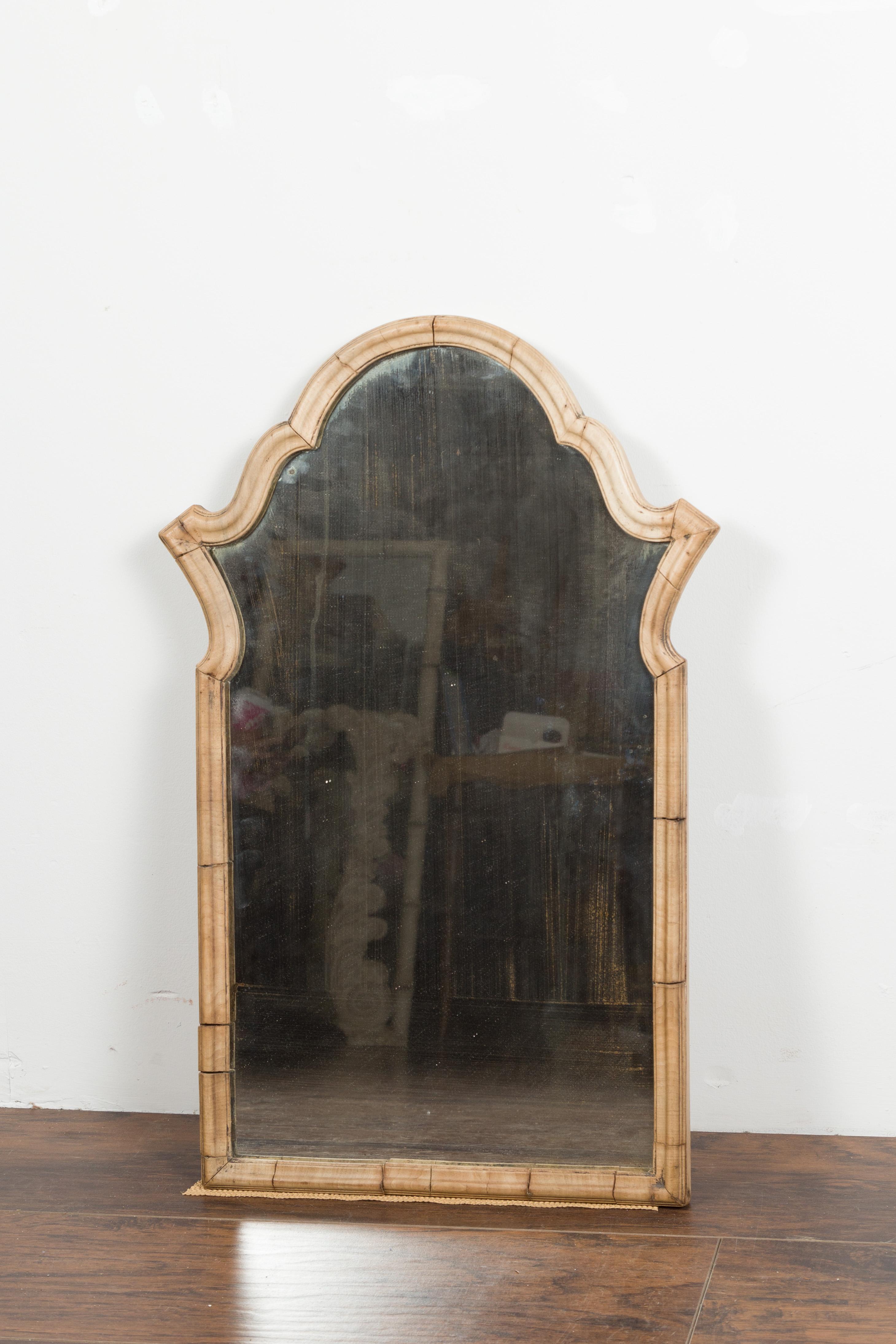 Painted Petite Italian Walnut Mirror circa 1940 with Arched Top and Natural Patina