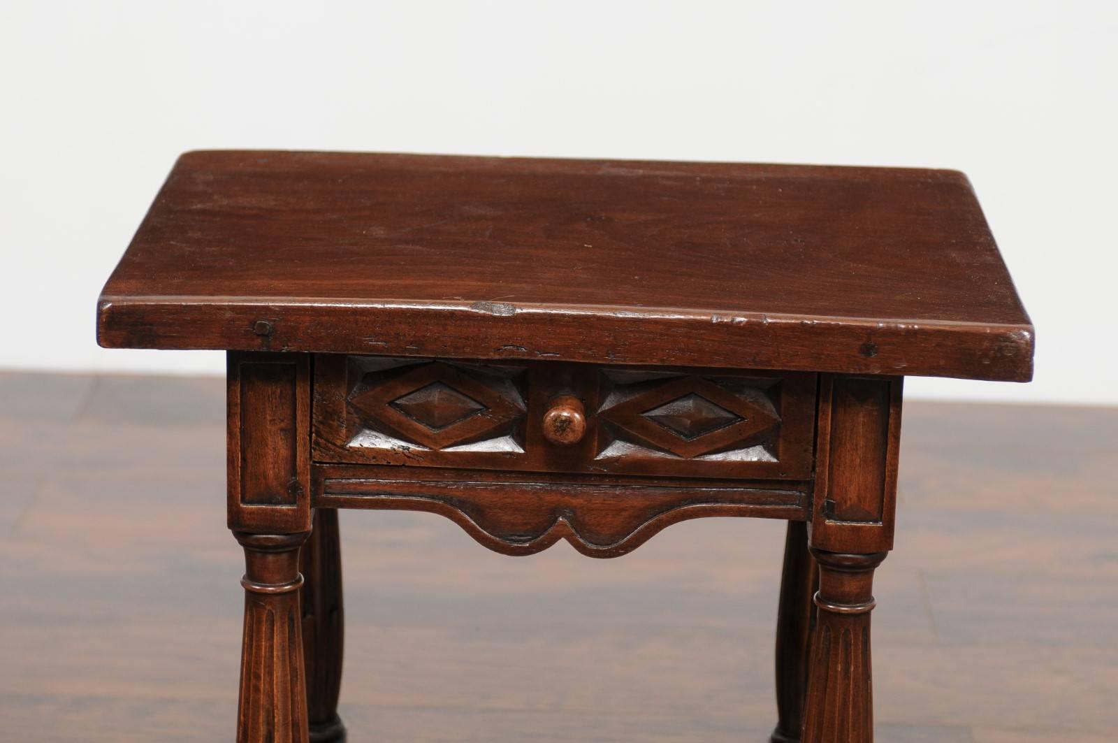 Petite Italian Walnut Side Table with Single Drawer and Fluted Legs, circa 1870 For Sale 6