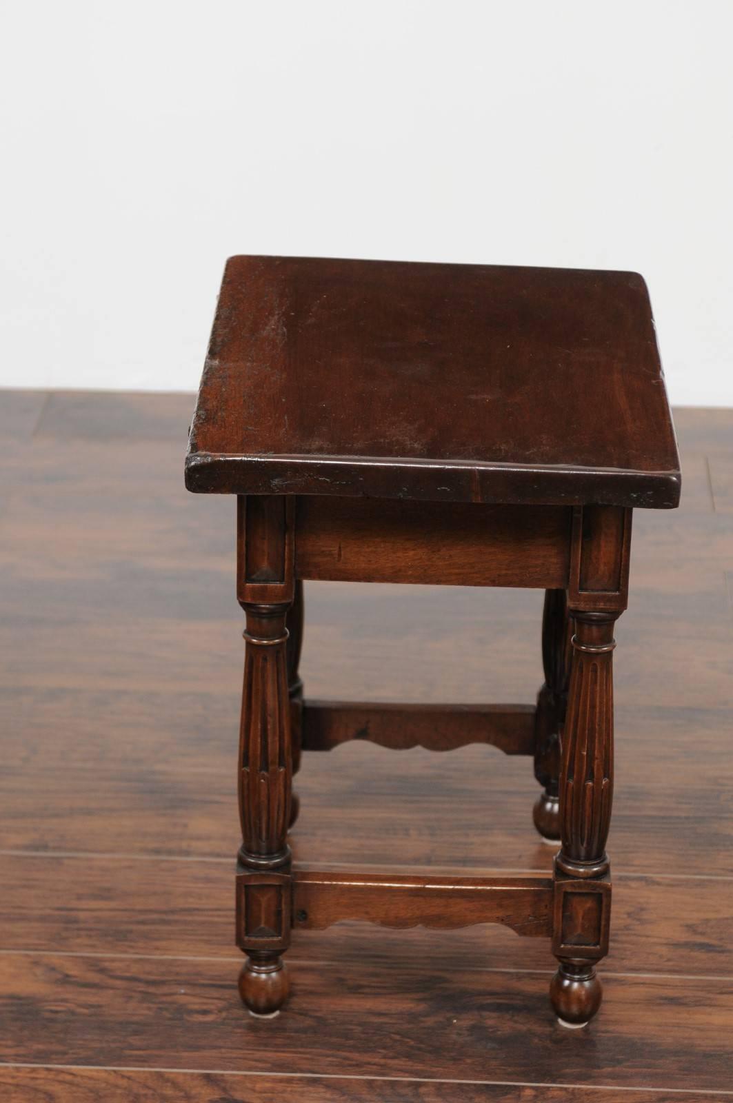 Petite Italian Walnut Side Table with Single Drawer and Fluted Legs, circa 1870 For Sale 2
