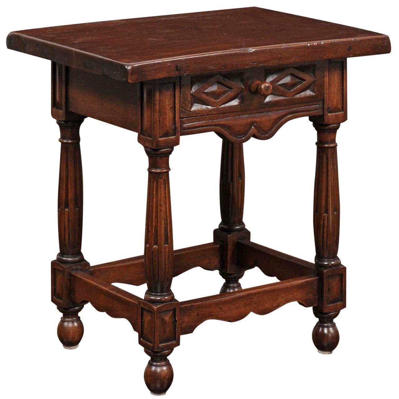 Petite Italian Walnut Side Table with Single Drawer and Fluted Legs, circa 1870 For Sale