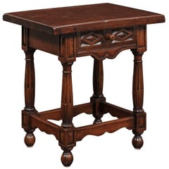 Petite Italian Walnut Side Table with Single Drawer and Fluted Legs, circa 1870