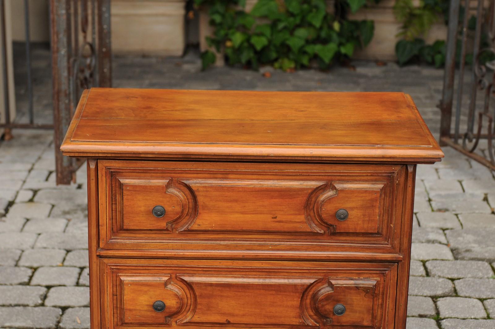 Petite Italian Walnut Three-Drawer Commode circa 1870 with Molded Cartouches In Good Condition In Atlanta, GA