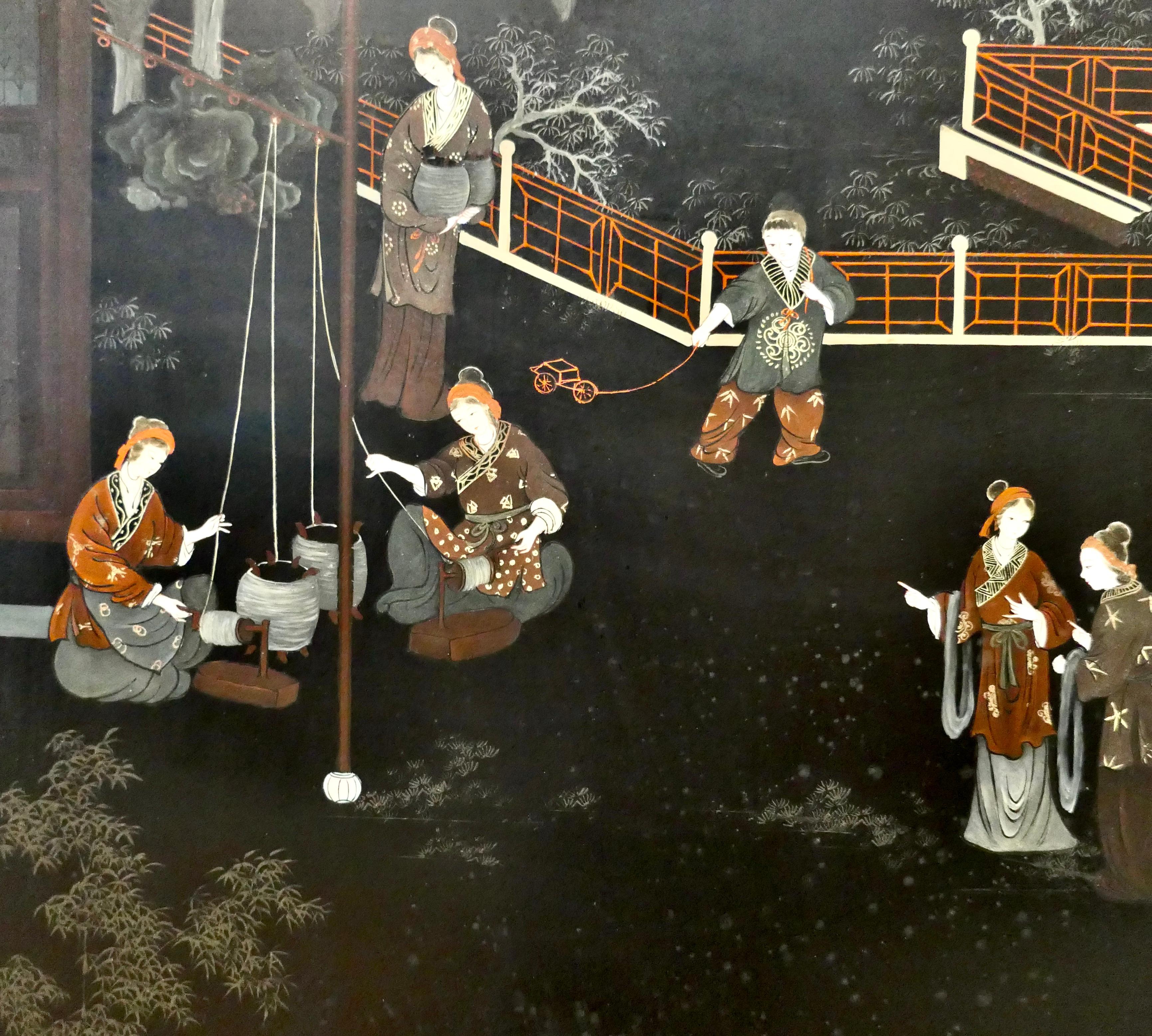Petite Japanese Lacquer and Painted 3 Fold Screen, in The Garden

This delightful 3 fold screen is decorated on both sides, one side is decorated with scenes from the garden, with children playing and the women’s spinning silk threads
The other side
