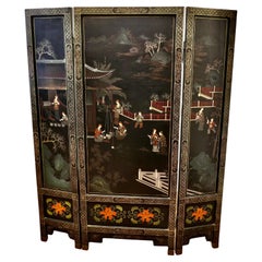 Petite Japanese Lacquer and Painted 3 Fold Screen, in The Garden