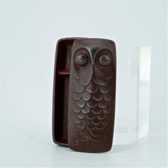 Petite Japanese Nanbu Cast Black Metal Owl Trinket Lidded Figural Box Dish