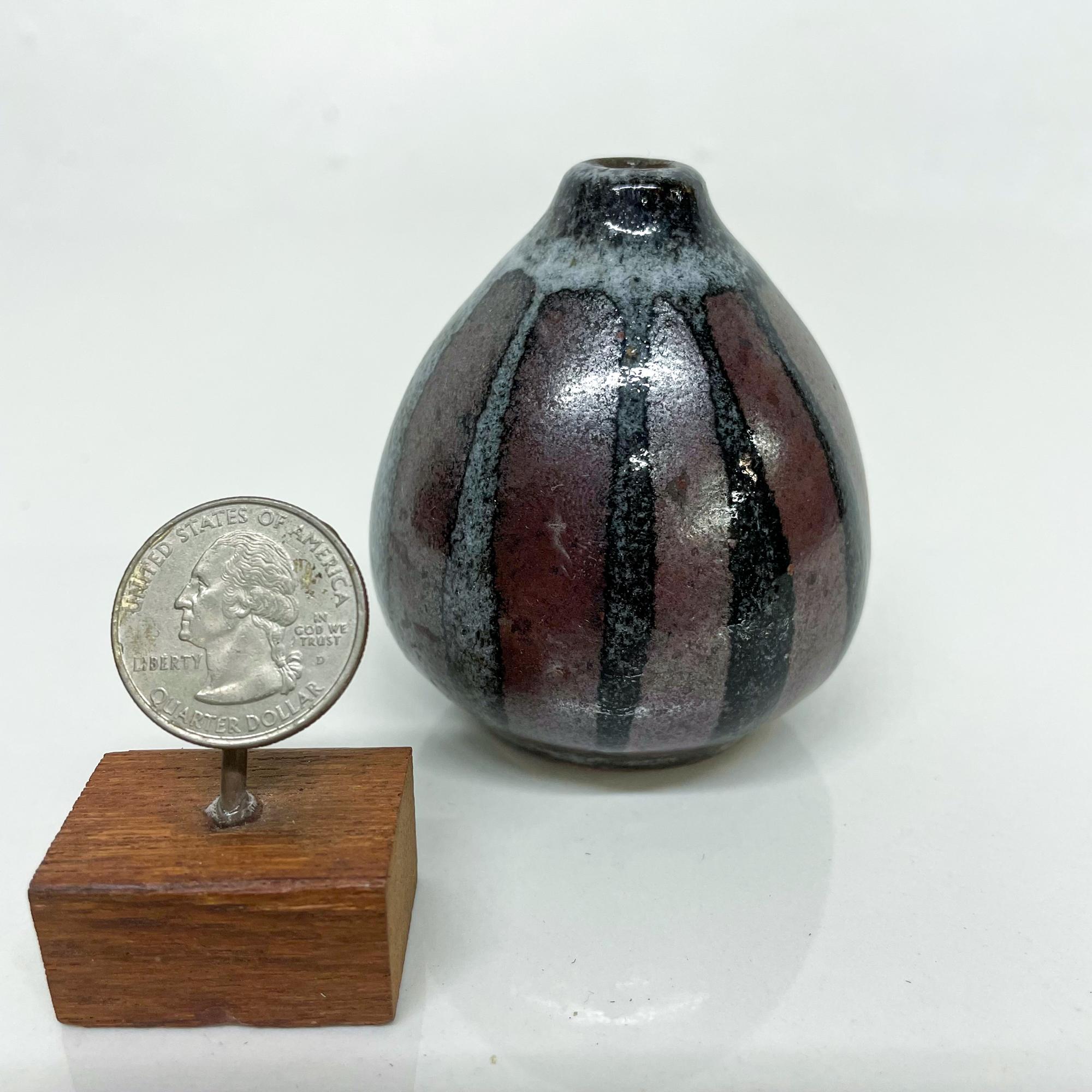 Mid-Century Modern Petite Japanese Striped Glazed Pottery Weed Pot Ceramic Vase Signed Japan 1970s