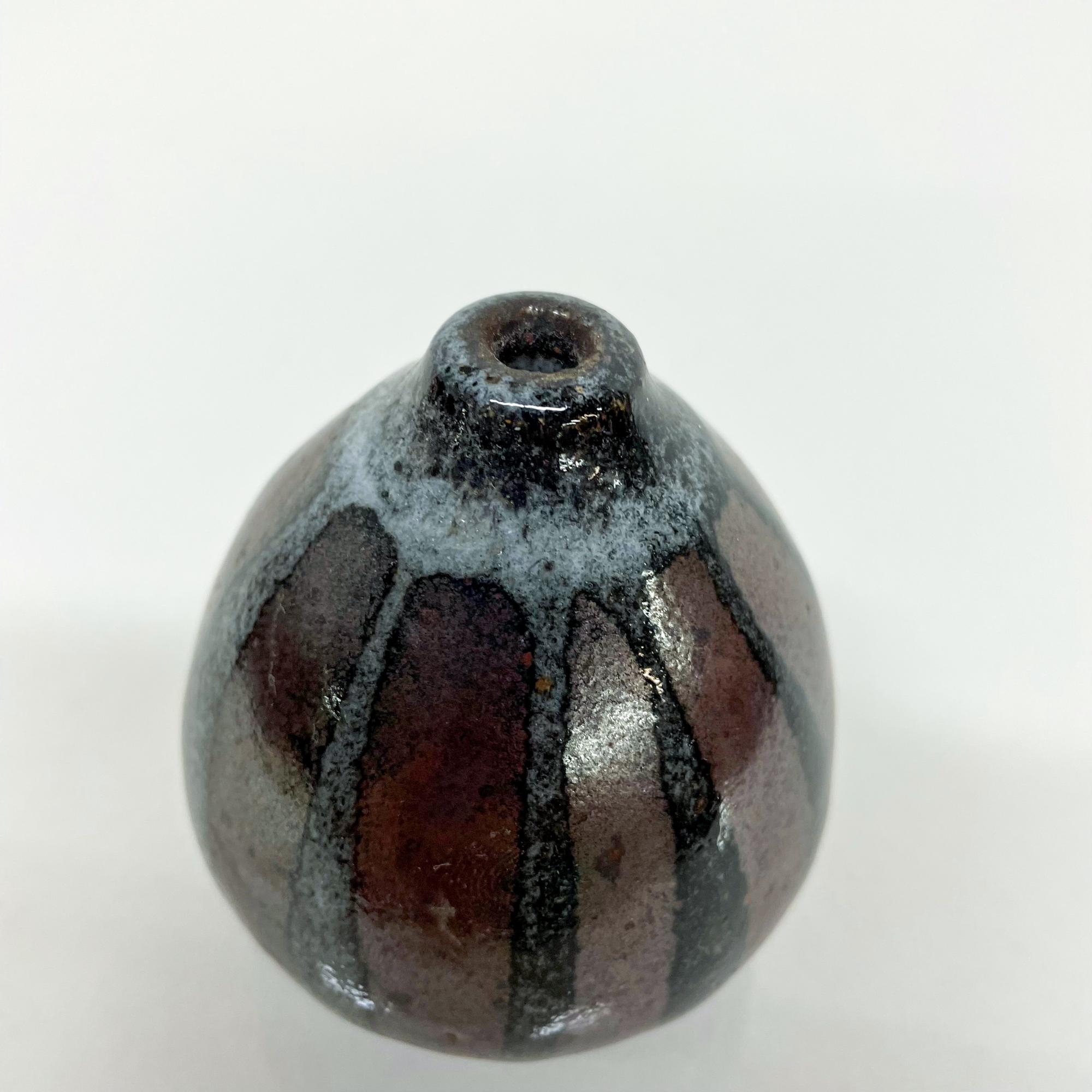 Late 20th Century Petite Japanese Striped Glazed Pottery Weed Pot Ceramic Vase Signed Japan 1970s