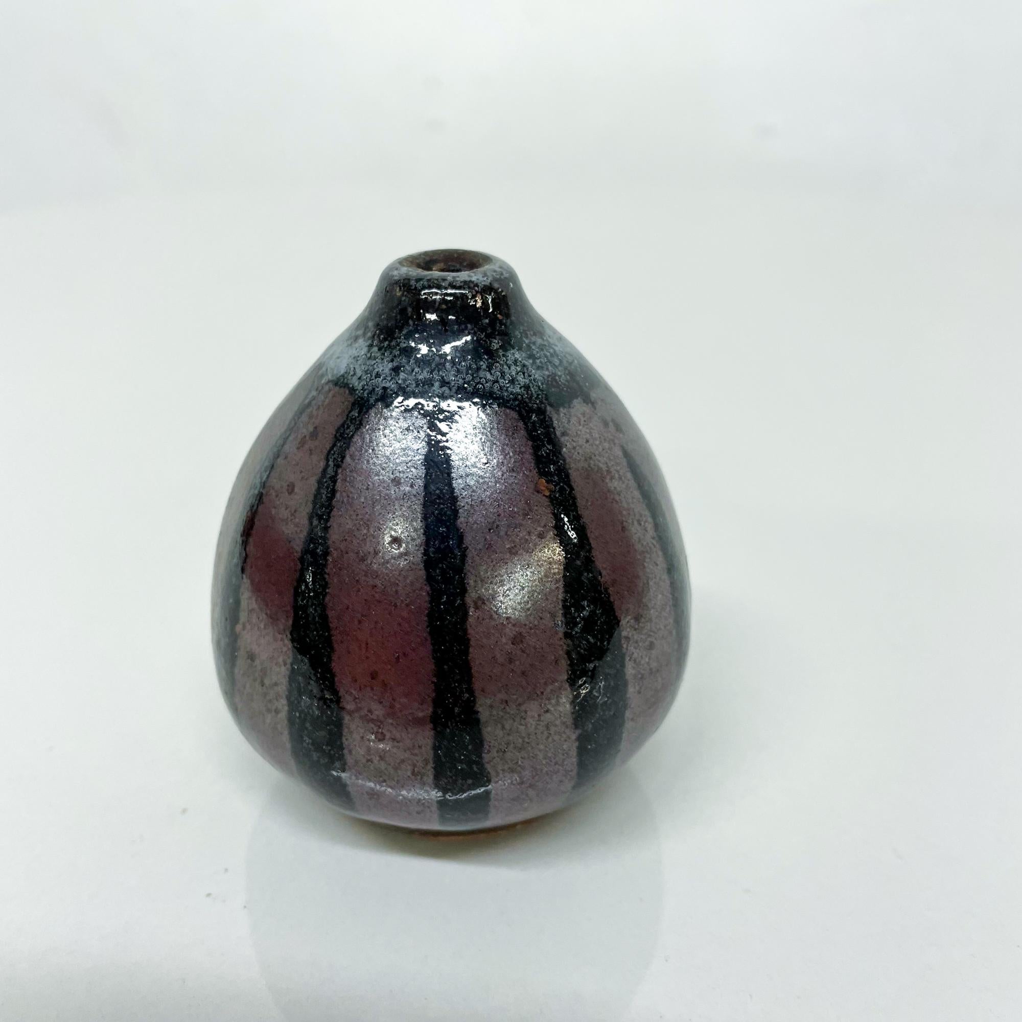 Petite Japanese Striped Glazed Pottery Weed Pot Ceramic Vase Signed Japan 1970s 1