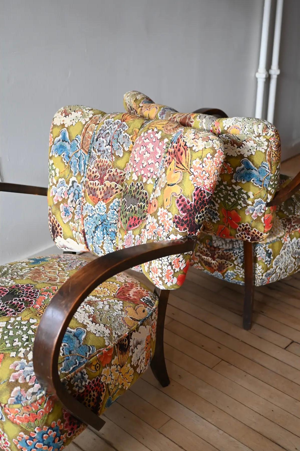 Petite Jindrich Halabala Armchairs in Pierre Frey Le Soleil Pour Temoin For Sale 4