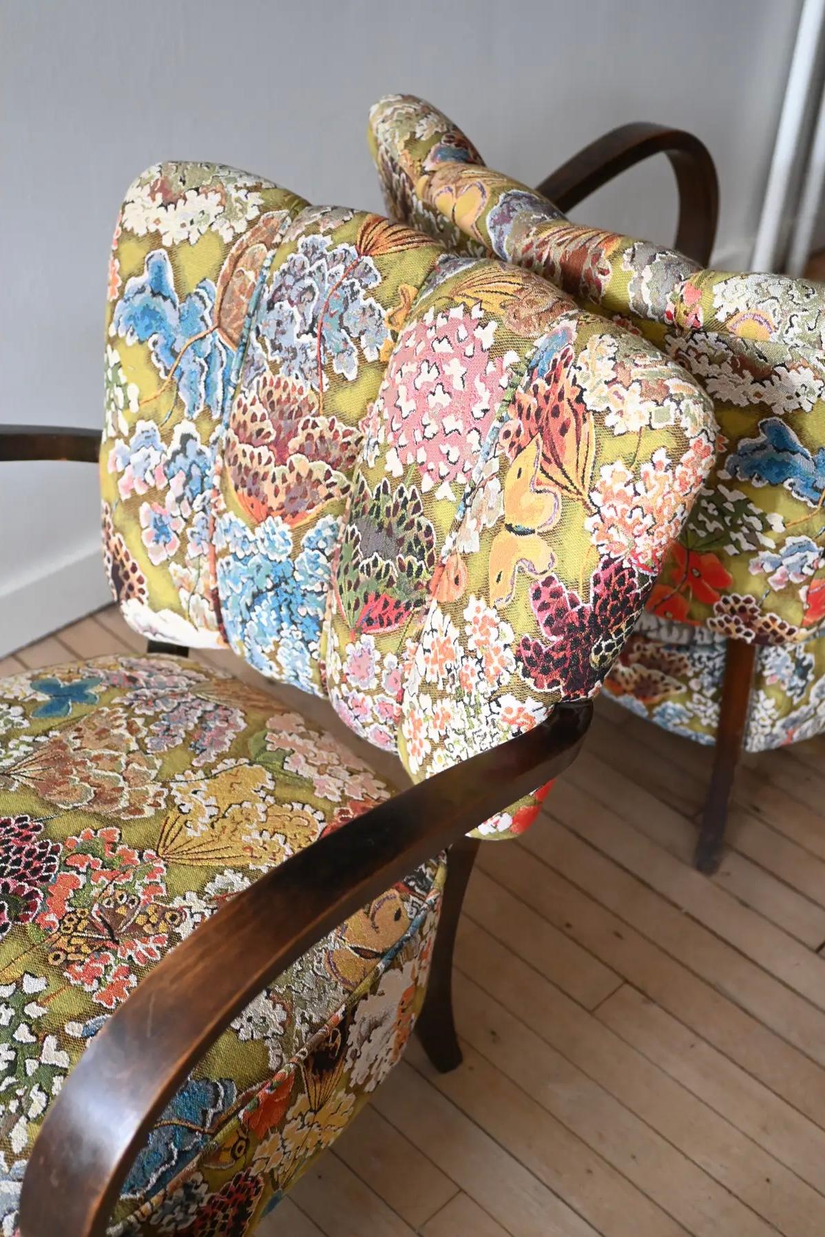 Petite Jindrich Halabala Armchairs in Pierre Frey Le Soleil Pour Temoin For Sale 5