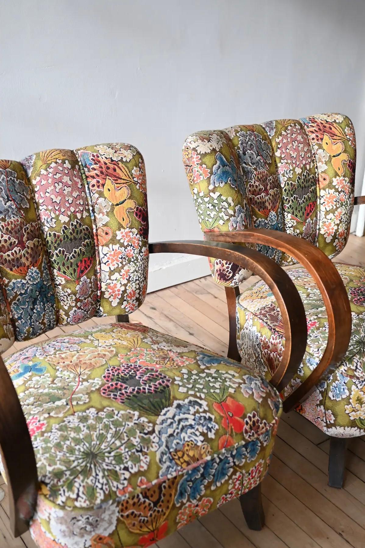 Art Deco Petite Jindrich Halabala Armchairs in Pierre Frey Le Soleil Pour Temoin For Sale
