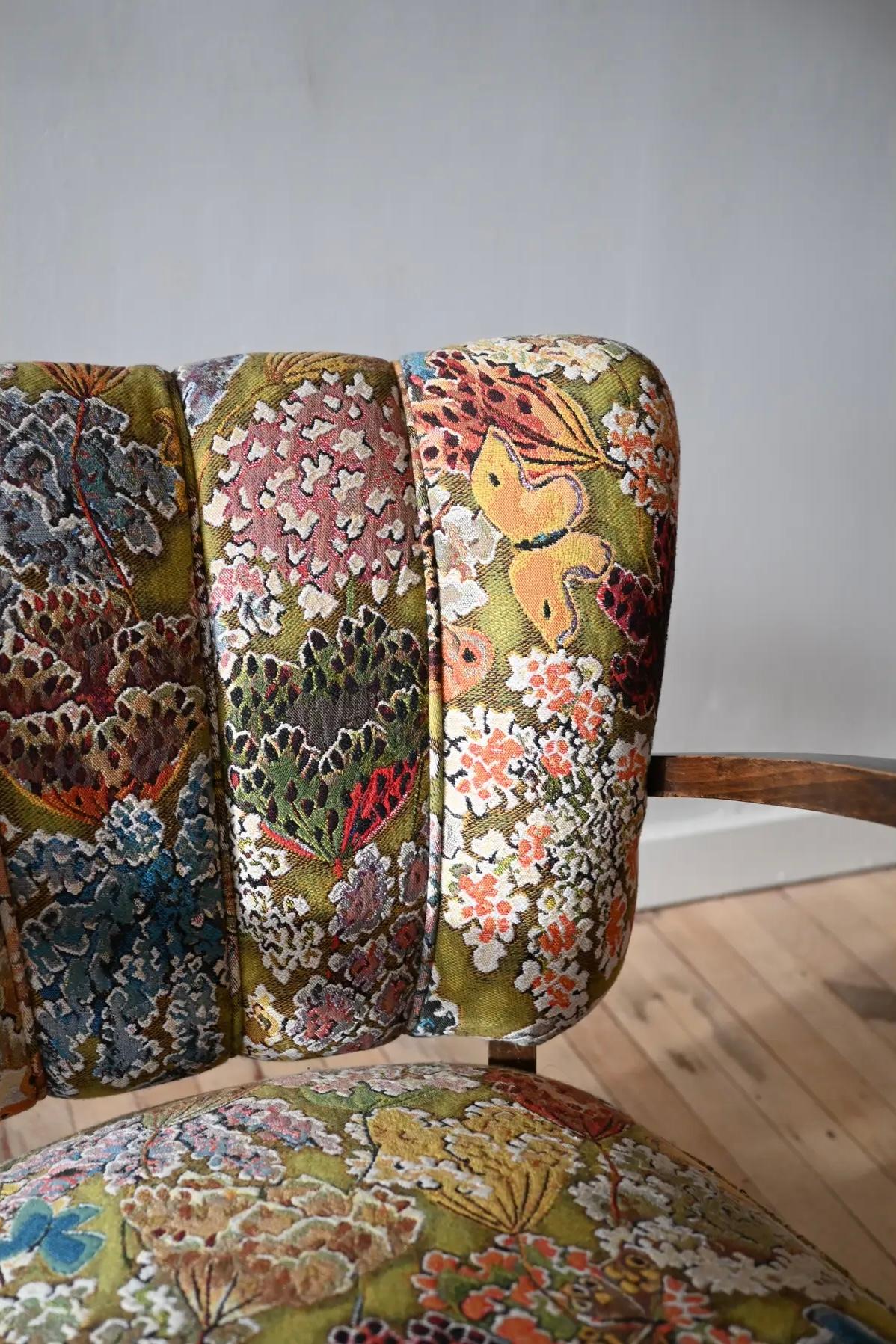 Czech Petite Jindrich Halabala Armchairs in Pierre Frey Le Soleil Pour Temoin For Sale