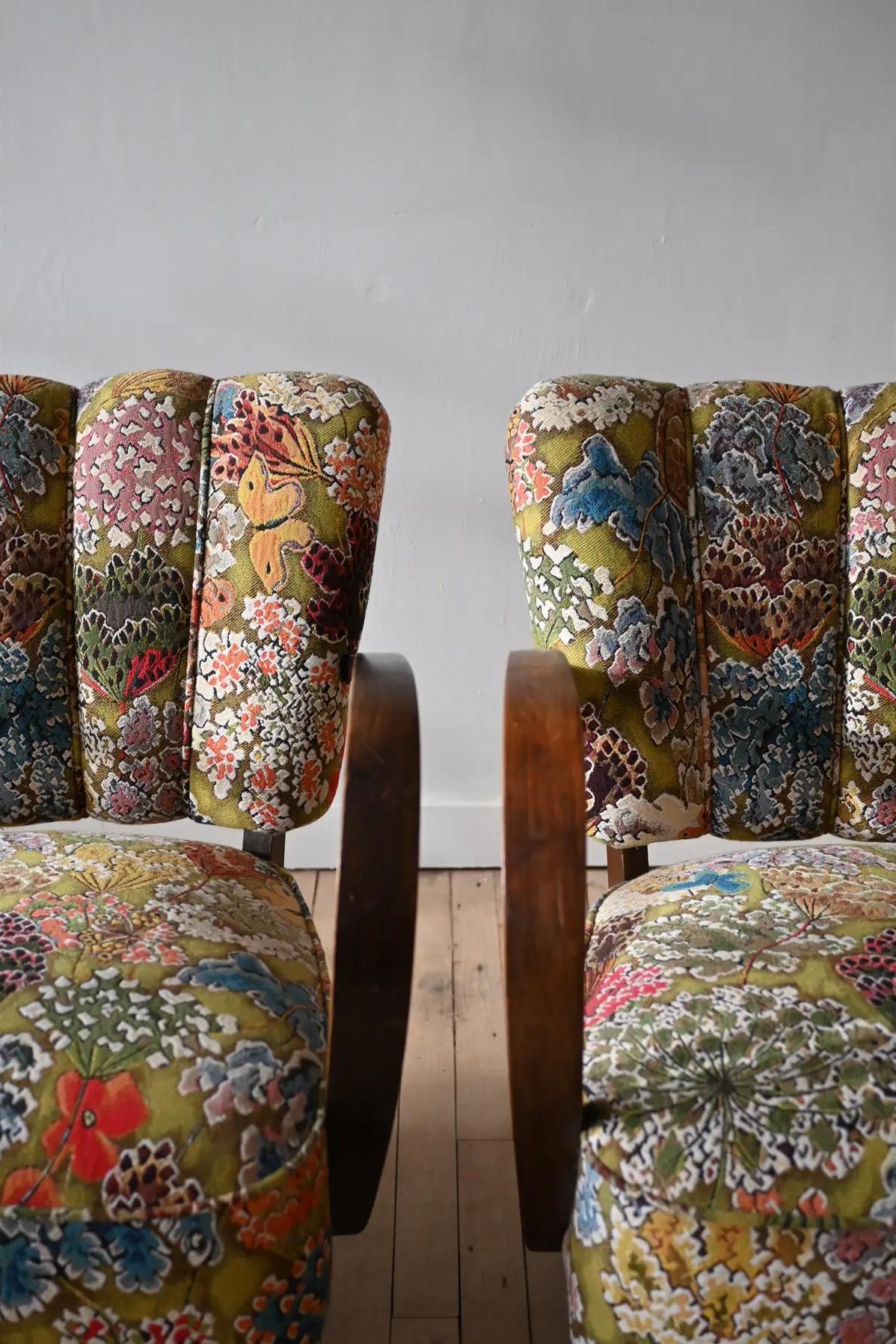 Petite Jindrich Halabala Armchairs in Pierre Frey Le Soleil Pour Temoin In Good Condition For Sale In Hudson, NY
