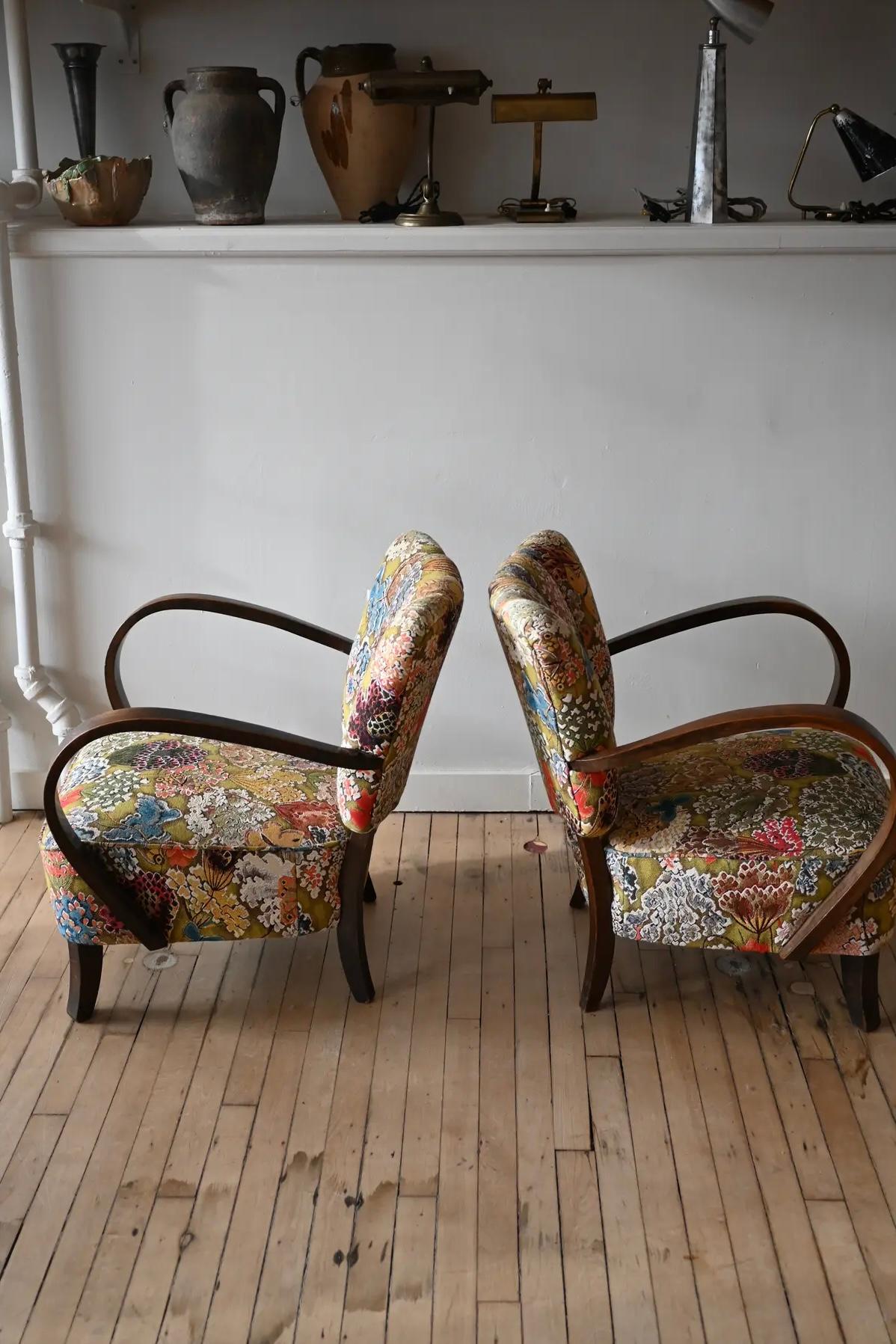 Fabric Petite Jindrich Halabala Armchairs in Pierre Frey Le Soleil Pour Temoin For Sale