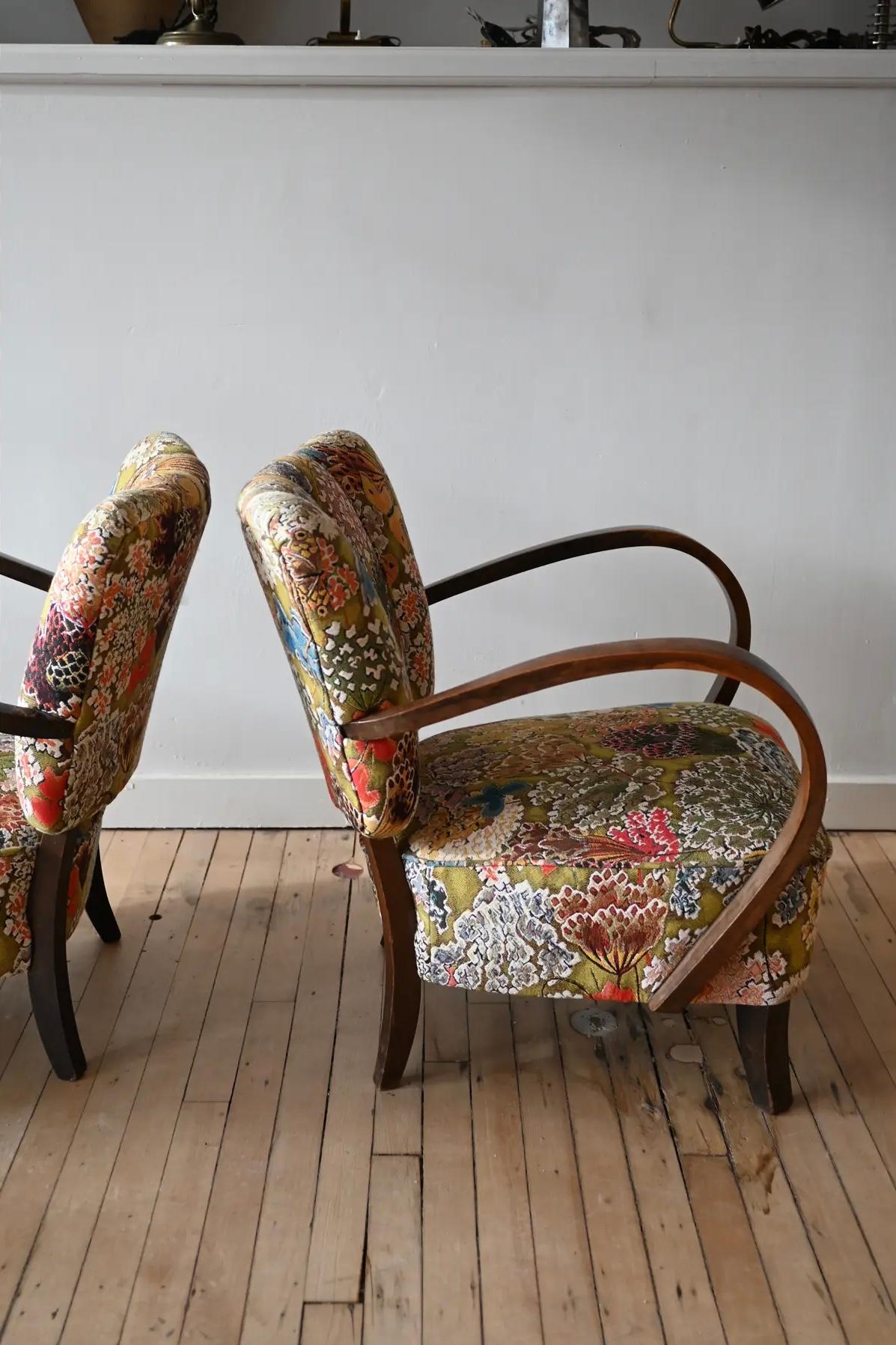 Petite Jindrich Halabala Armchairs in Pierre Frey Le Soleil Pour Temoin For Sale 1