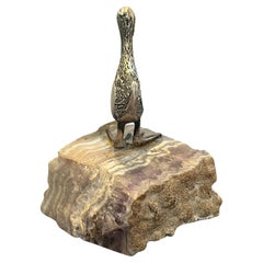 Petite Kiwi Bird Sculpture in Silver Sitting on Amethyst Quartz Base MCM
