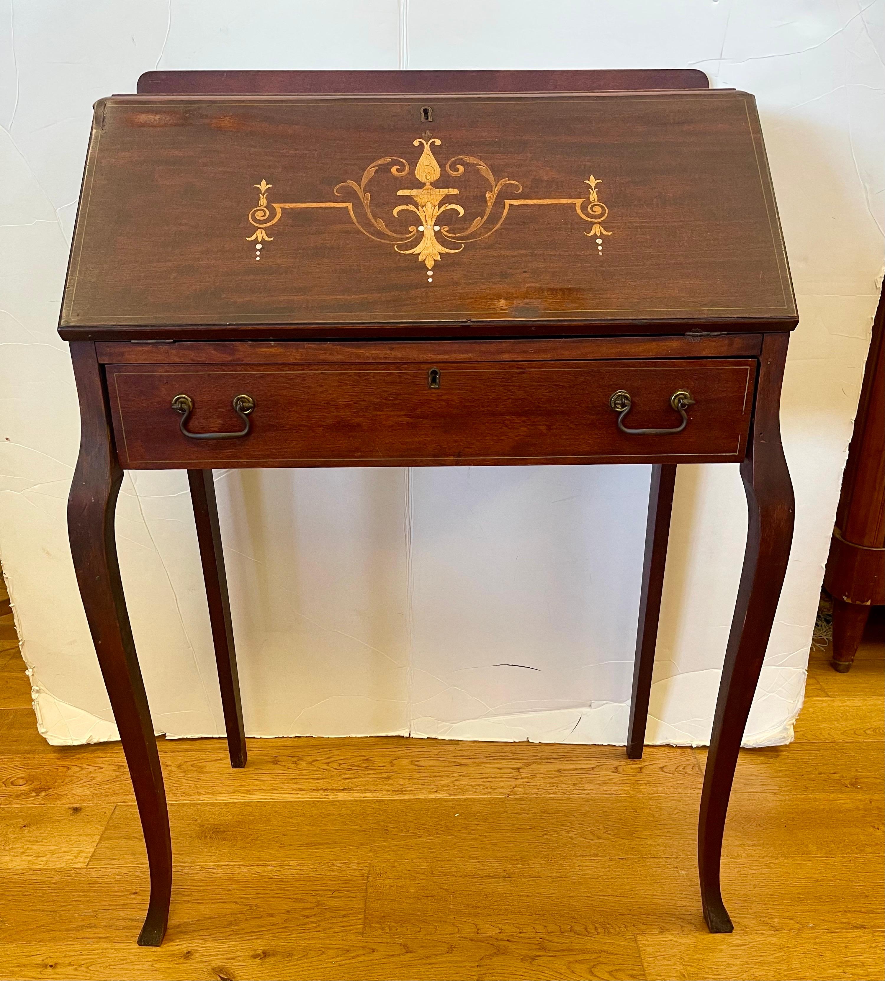 English Petite Late 19th Century Queen Anne Slant Front Mahogany Desk Secretary Table