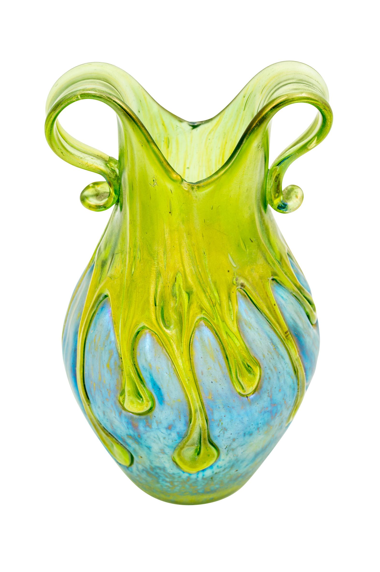 Early 20th Century Petite Loetz Glass Vase circa 1900 Austrian Jugendstil Green Blue Bright Colors