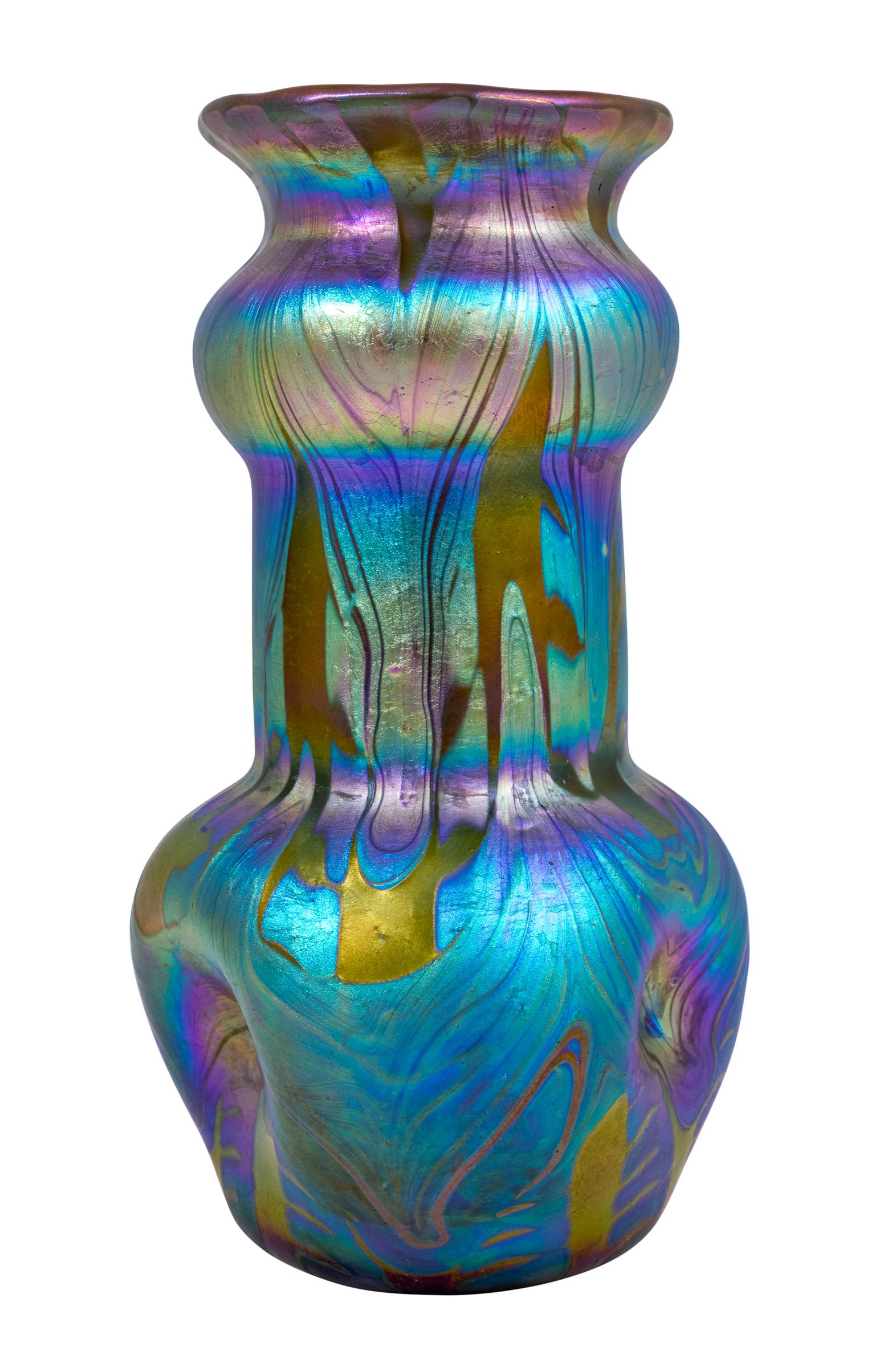 Early 20th Century Petite Loetz Glass Vase circa 1901 Austrian Jugendstil Blue Green Purple For Sale