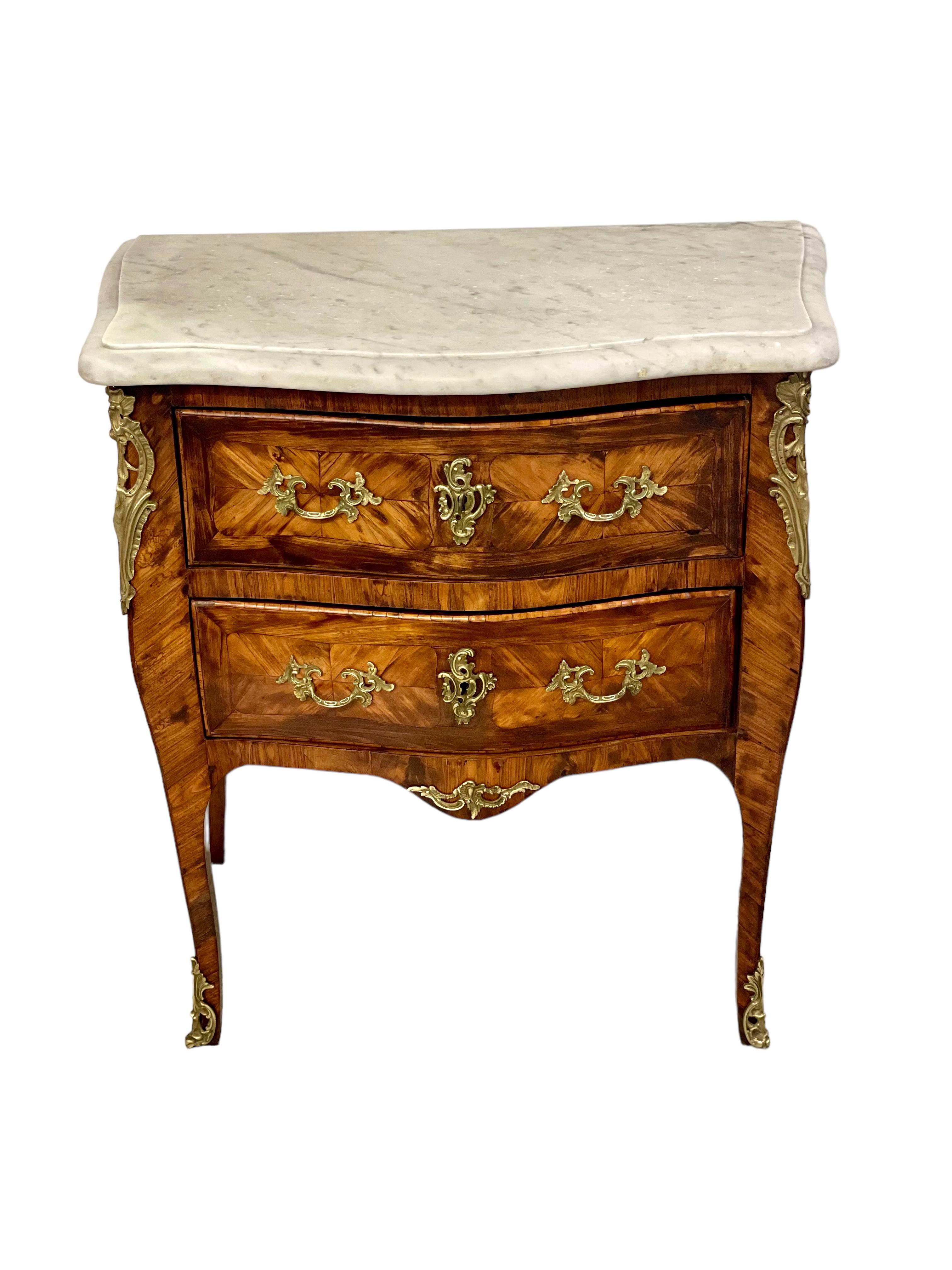 Marquetry French Antique Louis XV Commode with Marble Top For Sale
