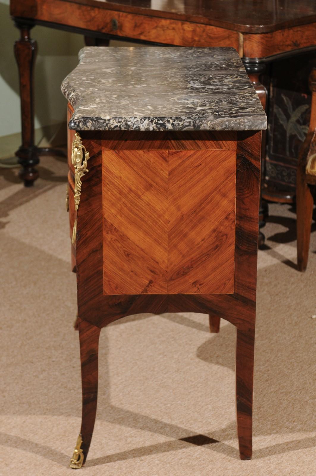 Petite Louis XV Period Commode in Tulipwood with Bronze Dore Mounts & Marble Top For Sale 6