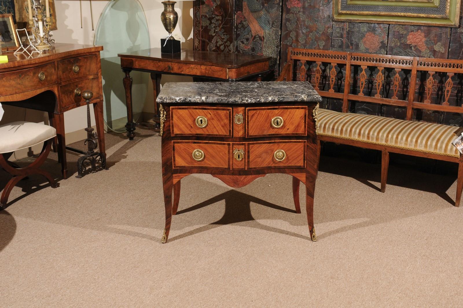 French Petite Louis XV Period Commode in Tulipwood with Bronze Dore Mounts & Marble Top For Sale