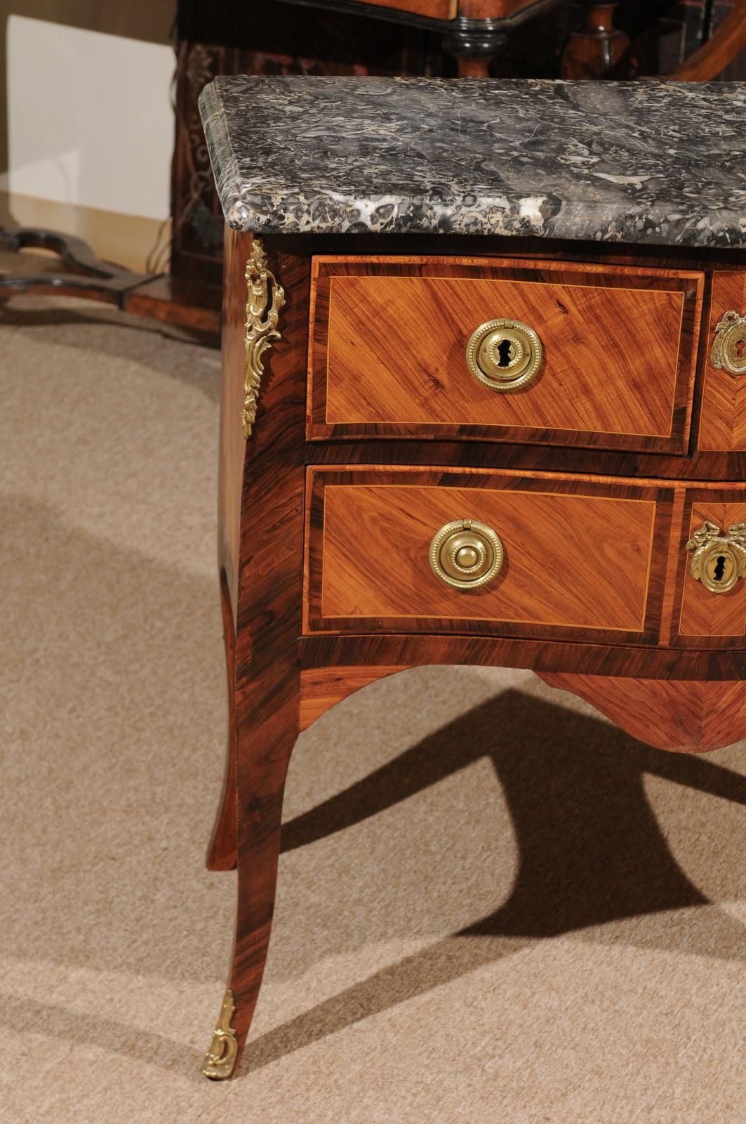Petite Louis XV Period Commode in Tulipwood with Bronze Dore Mounts & Marble Top In Good Condition For Sale In Atlanta, GA