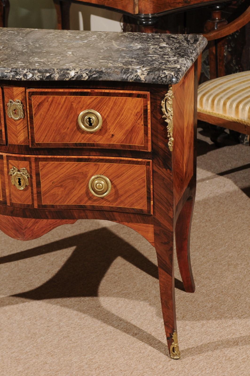 18th Century and Earlier Petite Louis XV Period Commode in Tulipwood with Bronze Dore Mounts & Marble Top For Sale